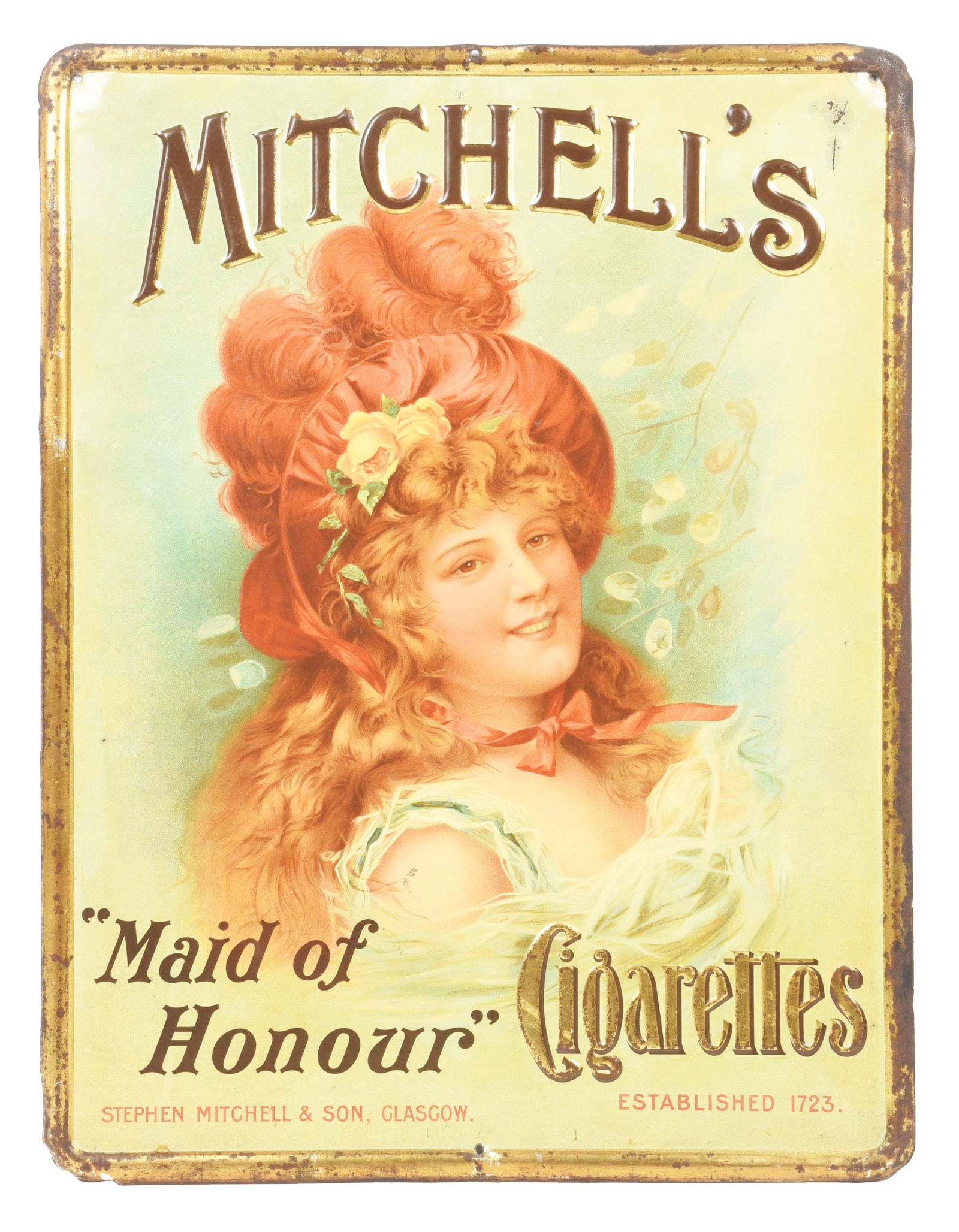 SELF-FRAMED EMBOSSED MITCHELL'S CIGARETTES TIN SIGN W/ WOMAN GRAPHIC. (1 of 2)