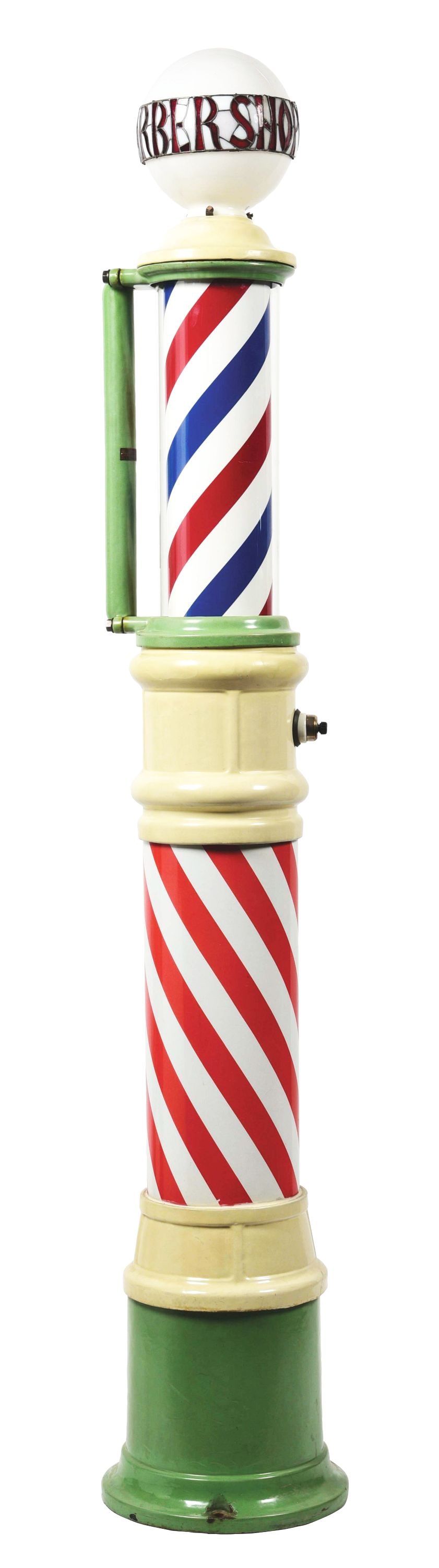 PORCELAIN FLOOR MODEL BARBER POLE W/GLOBE. (1 of 5)