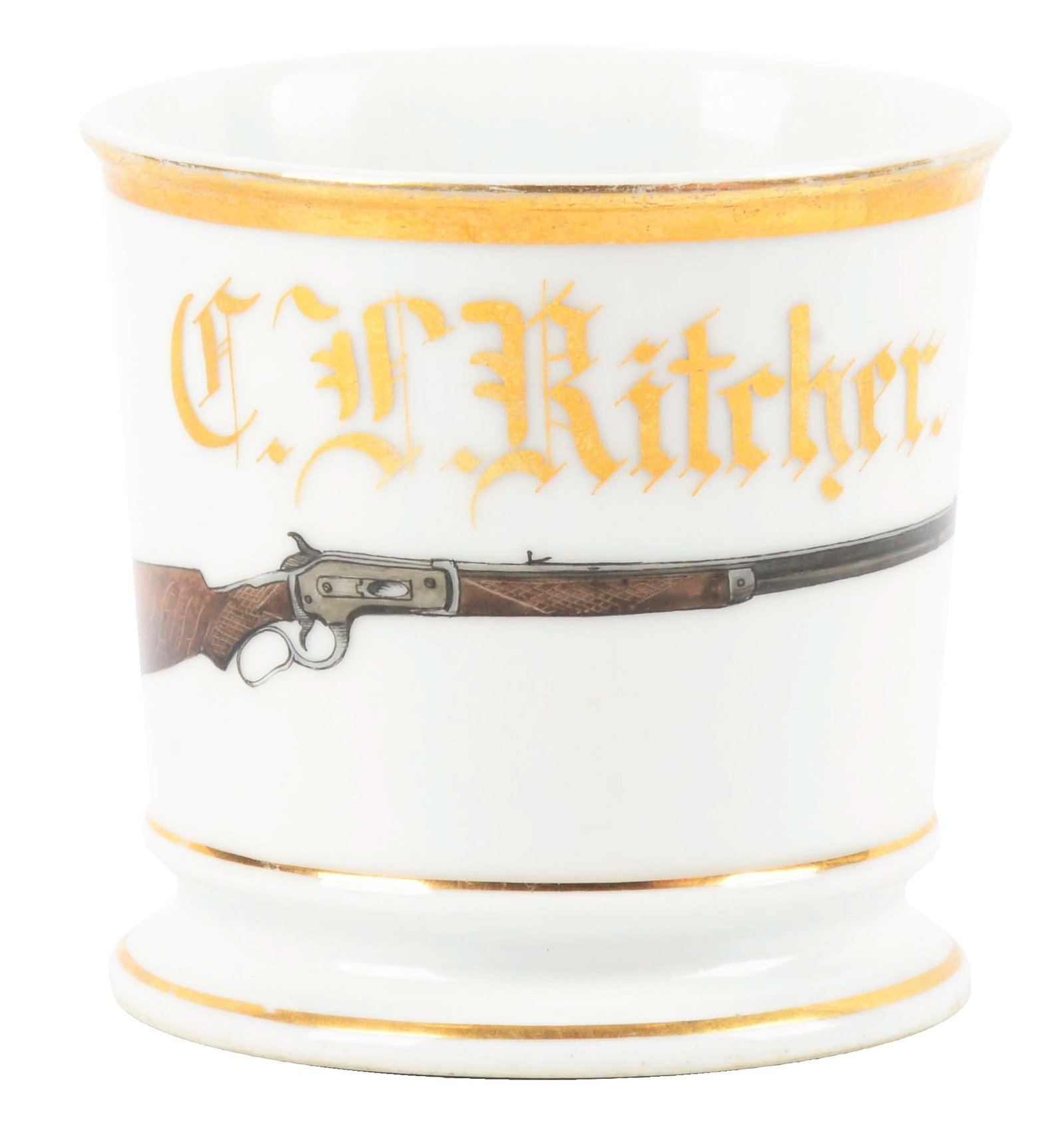 HUNTER SHAVING MUG.: C.F. Ritcher in gold gilt. Mug is stamped "D&C" under base. Beautiful image of an early lever-action gun. Condition: (Excellent). Dimensions: 4 - 1/2" x 3 - 1/2" x 3 - 1/2".