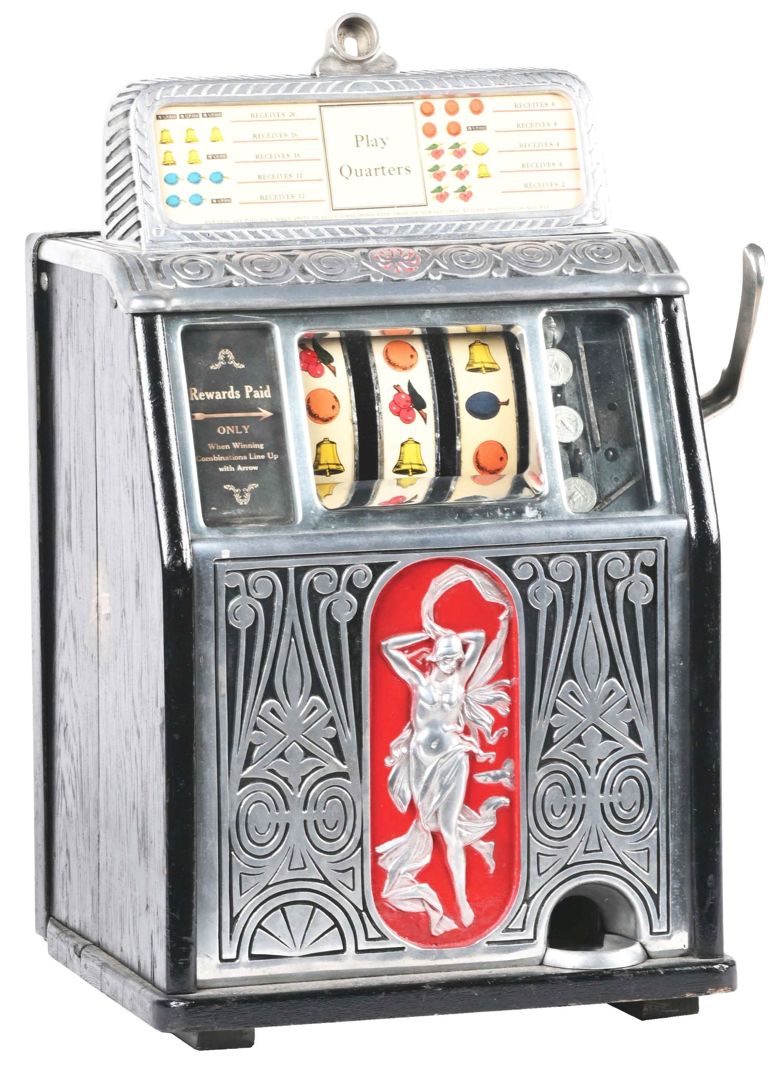 25¢ CALLE SUPERIOR JACKPOT BELL "NUDE FRONT" SLOT MACHINE.: C. 1927, Caille Bros. Detroit, MI. A great Art Deco piece in wonderful restored condition. CONDITION: Outstanding detail to the nude front casting (frequently worn down by polishing), as well as featu