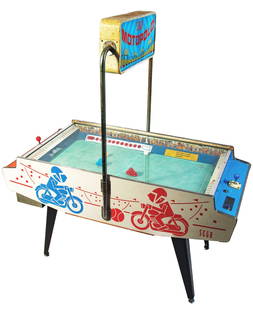 25¢ SEGA MOTOPOLO BIKE MOVEMENT COIN OP GAME.: MotoPolo is a 1968 electro-mechanical arcade polo game by Sega. Players control a small foam motorcycle over a smooth glass "Decola" playfield and push around a ping pong ball, trying to score on the