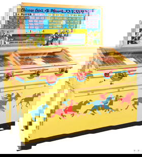 5¢ CHICAGO COIN'S 4-PLAYER DERBY ARCADE GAME.: C. 1952. Chicago Coin Machine Co. Chicago IL. This rare horse race arcade machine allows up to four players to play and features a brightly colored back glass, beneath which is an animated horse racin