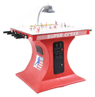 SUPER CHEXX BUBBLE HOCKEY ARCADE GAME.: C. 1984. Innovative Concepts in Entertainment, (I.C.E.) North Tonawanda, New York. This is an original version of the Super Chexx Bubble Hockey made in the early 1980's. Contemporary versions called "