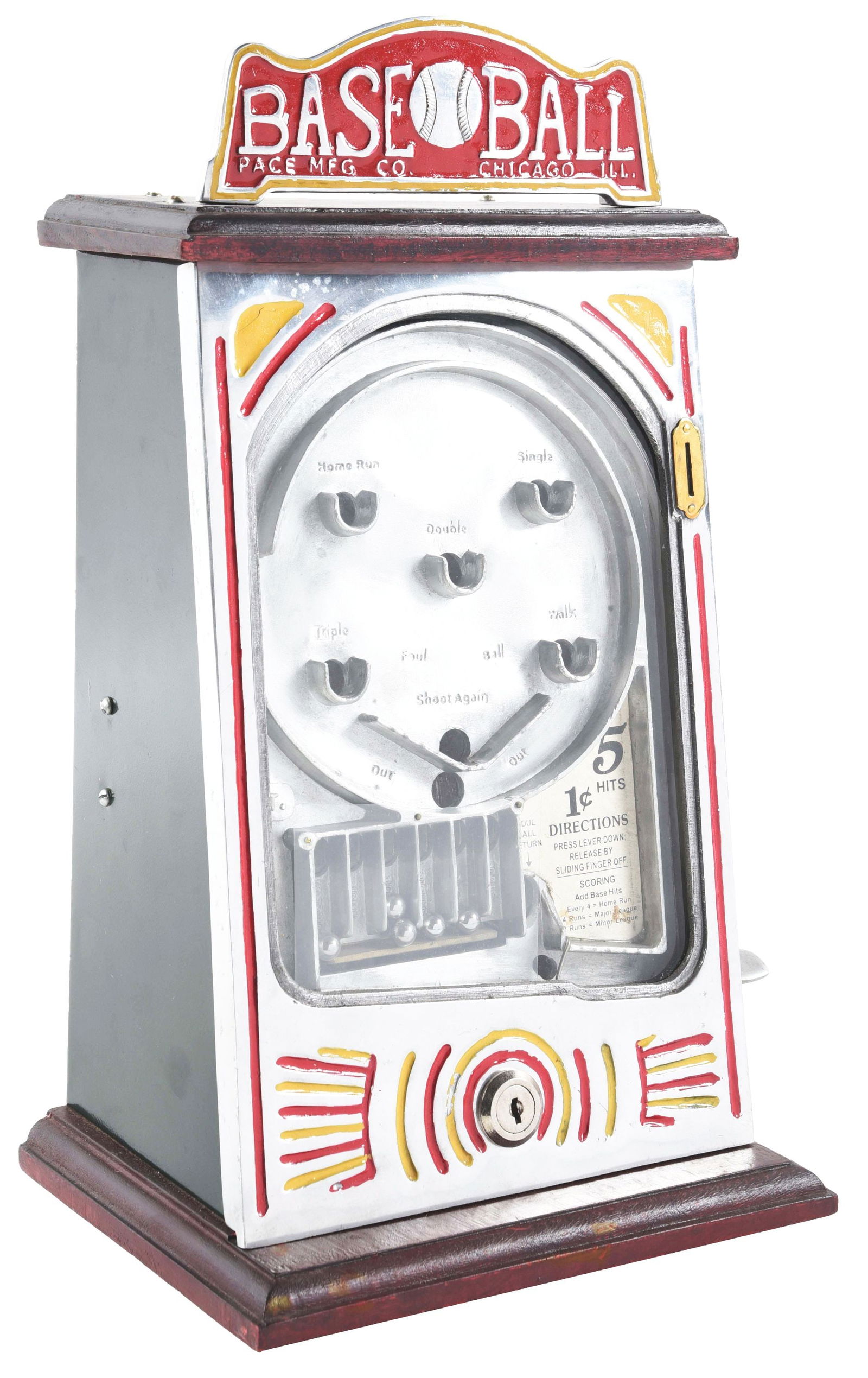 1¢ PACE PLAY BALL COUNTERTOP ARCADE SKILL MACHINE.: C. 1932. Pace Mfg. and Peo Mfg. collaborated on producing this baseball-themed game in 1932. CONDITION: This machine has an older restoration. Two keys are included. Condition: (Restored). Dimensions: