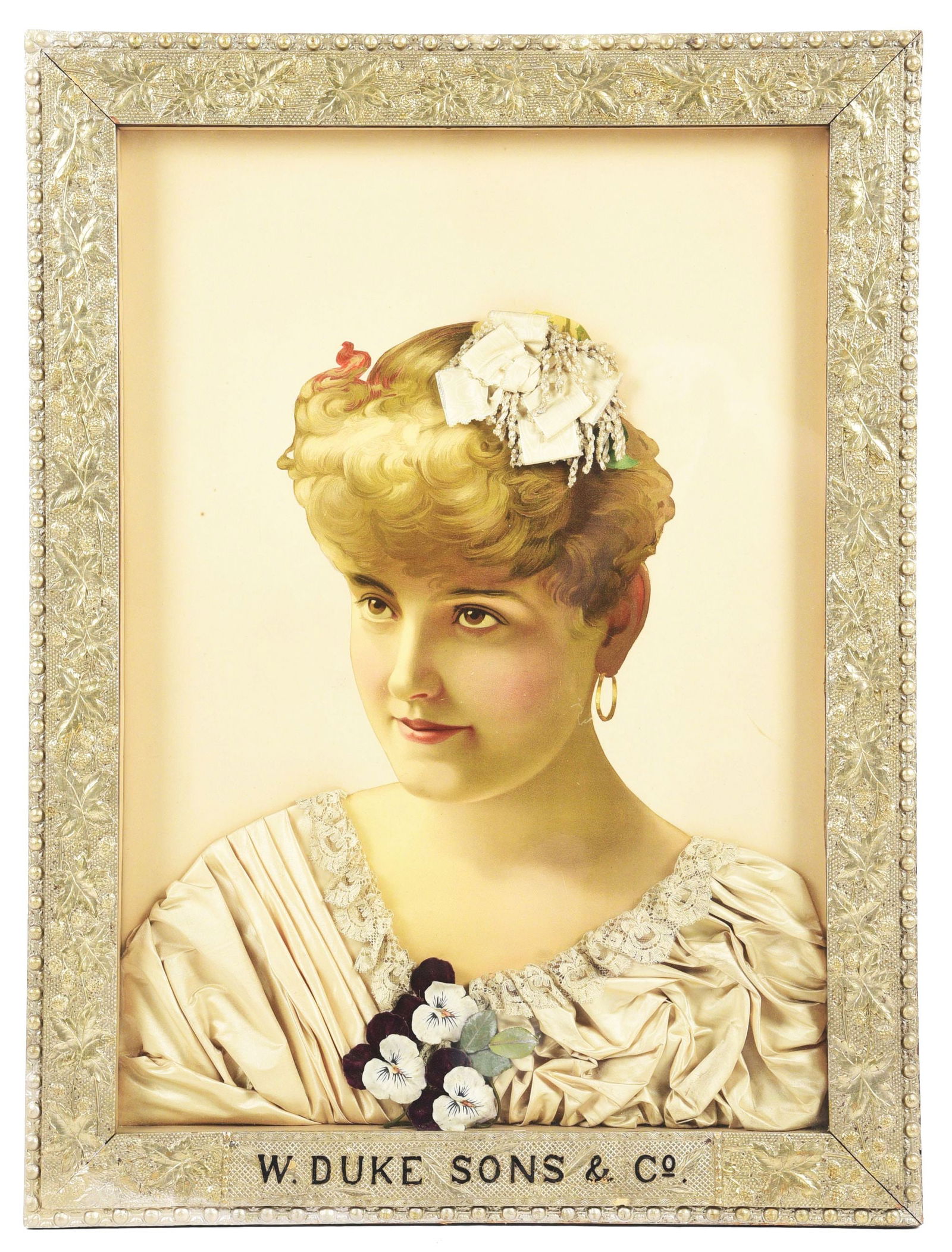 W. DUKE SONS & CO. LADY LITHOGRAPH W/ APPLIED DECORATION. (1 of 2)