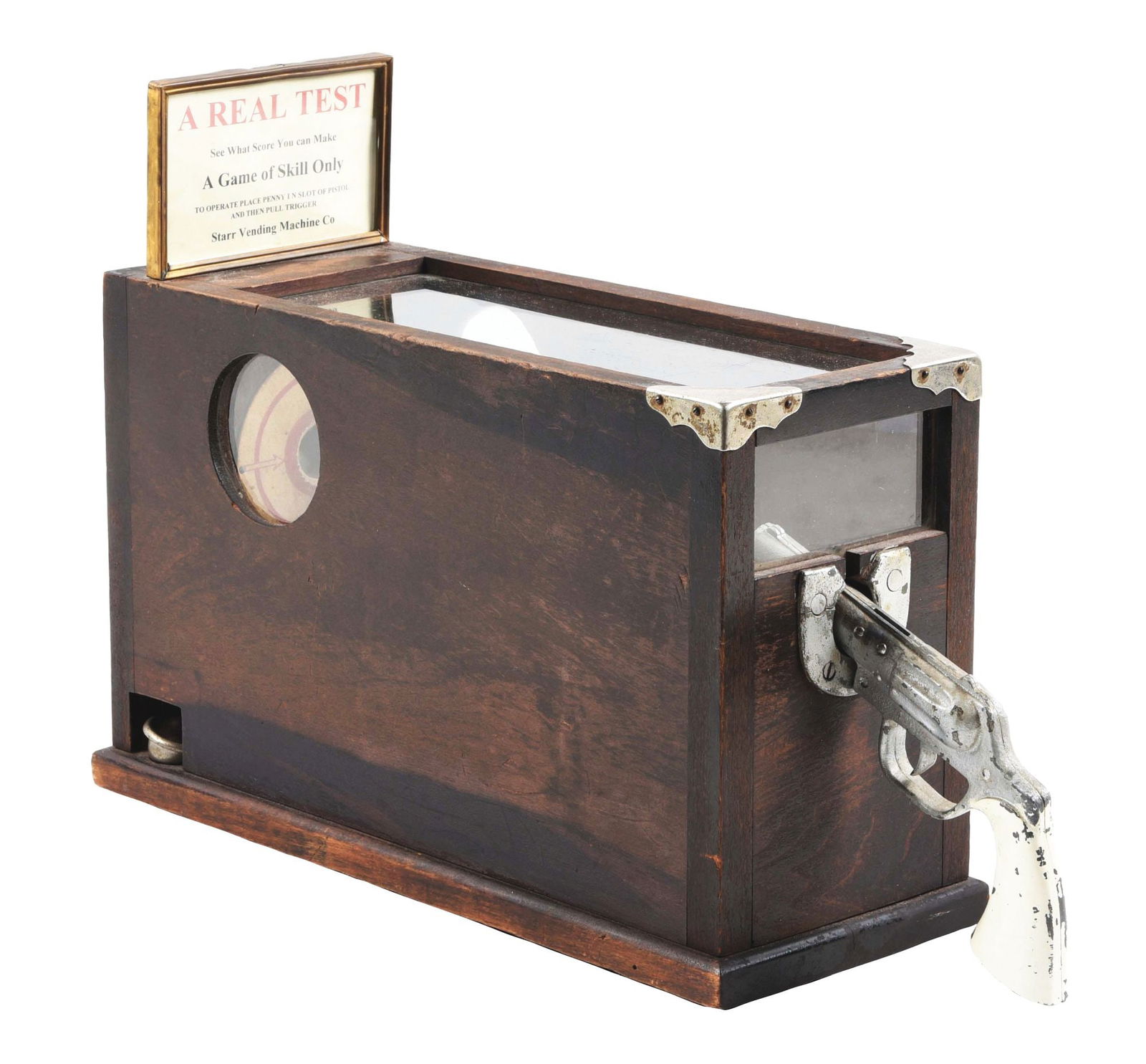 1¢ STARR VENDING CO. ARCADE GUN /SKILL GAME.: C. 1930s. This is a purely mechanical game manufactured by Starr Vending Machine Co., with very few known to exist. To shoot the target. place the penny in the slot of the pistol, aim and pull the tri