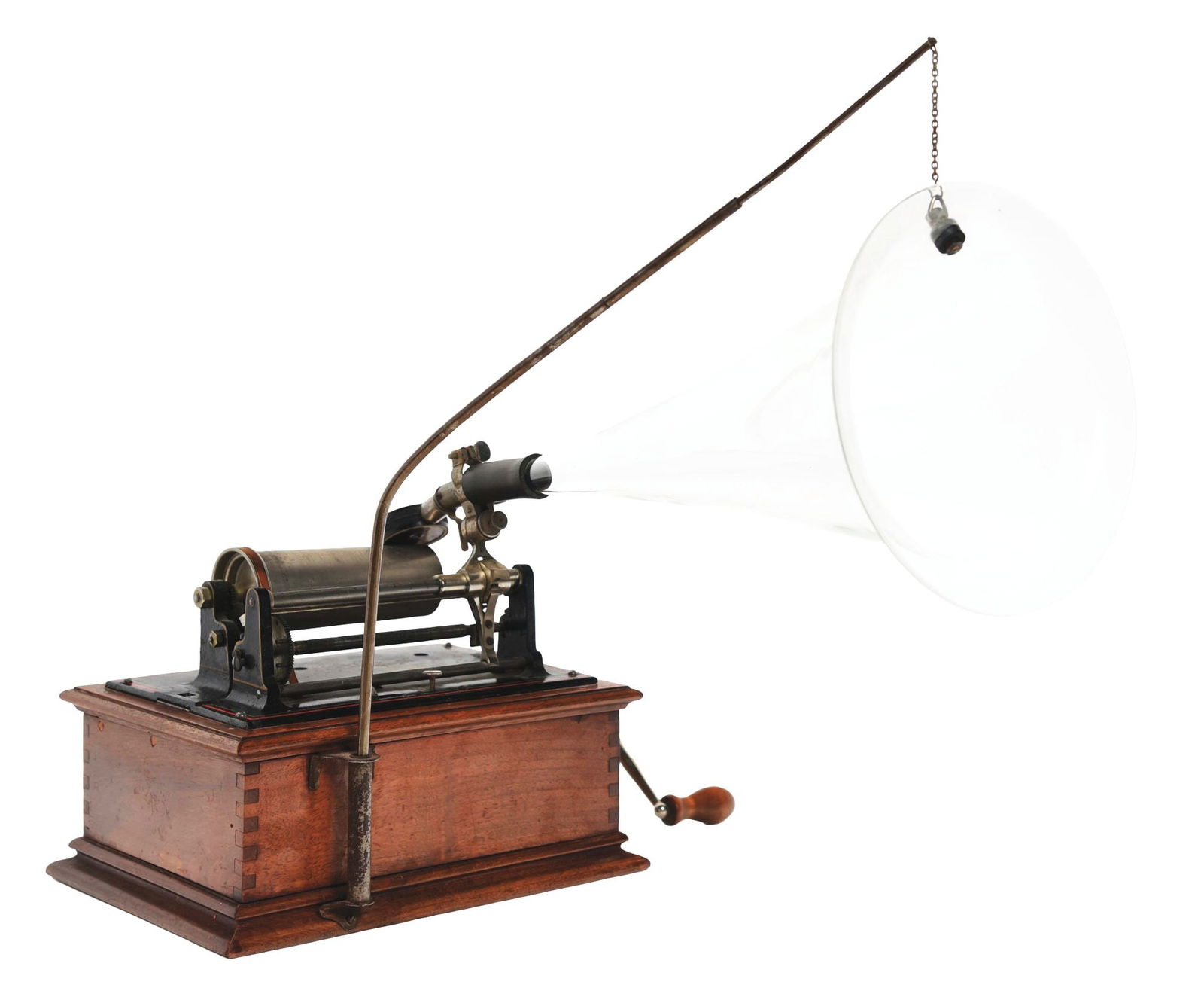 FRENCH PATHE PHONOGRAPH WITH REPRODUCTION GLASS HORN. (1 of 6)