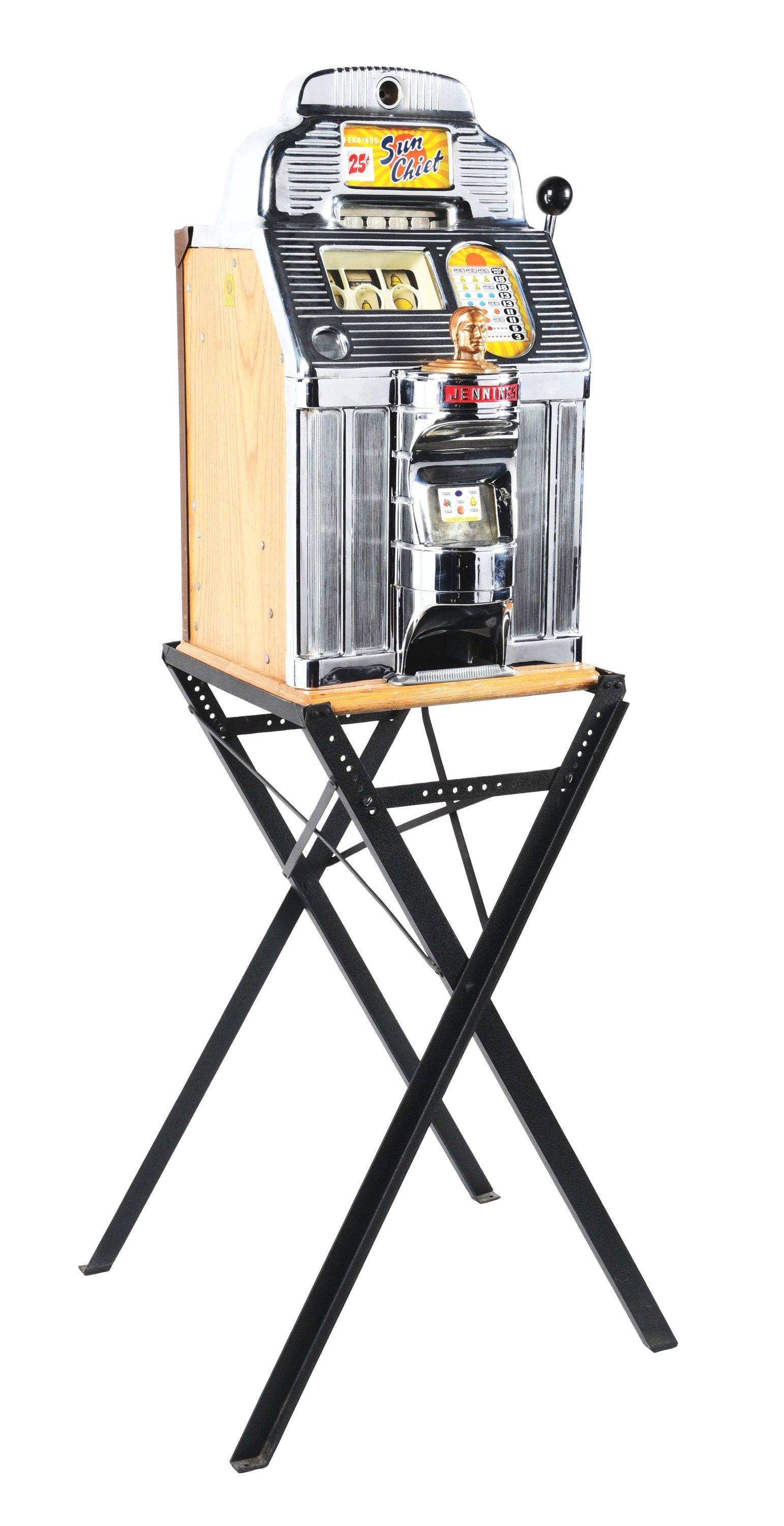 25¢ JENNINGS SOLID FRONT SUN CHIEF SLOT MACHINE W/ STAND. (1 of 8)