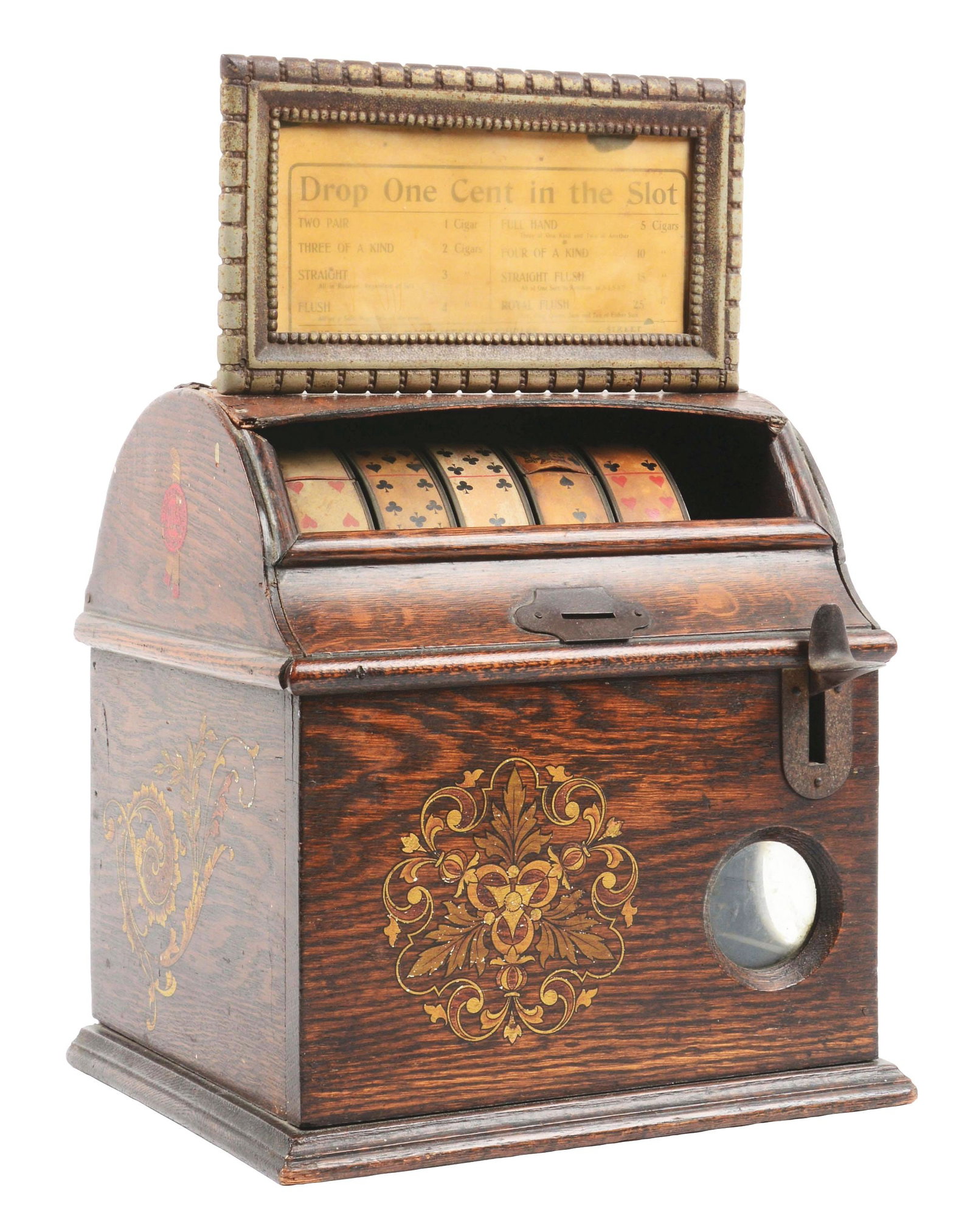 1¢ MILLS NOVELTY CO. LITTLE PERFECTION TRADE STIMULATOR.: C. 1904, The Mills Novelty Co, Chicago, IL. This is a great oak poker trade stimulator with original reel strips, original marquee and with original award card. CONDITION: Replaced coin door showing s