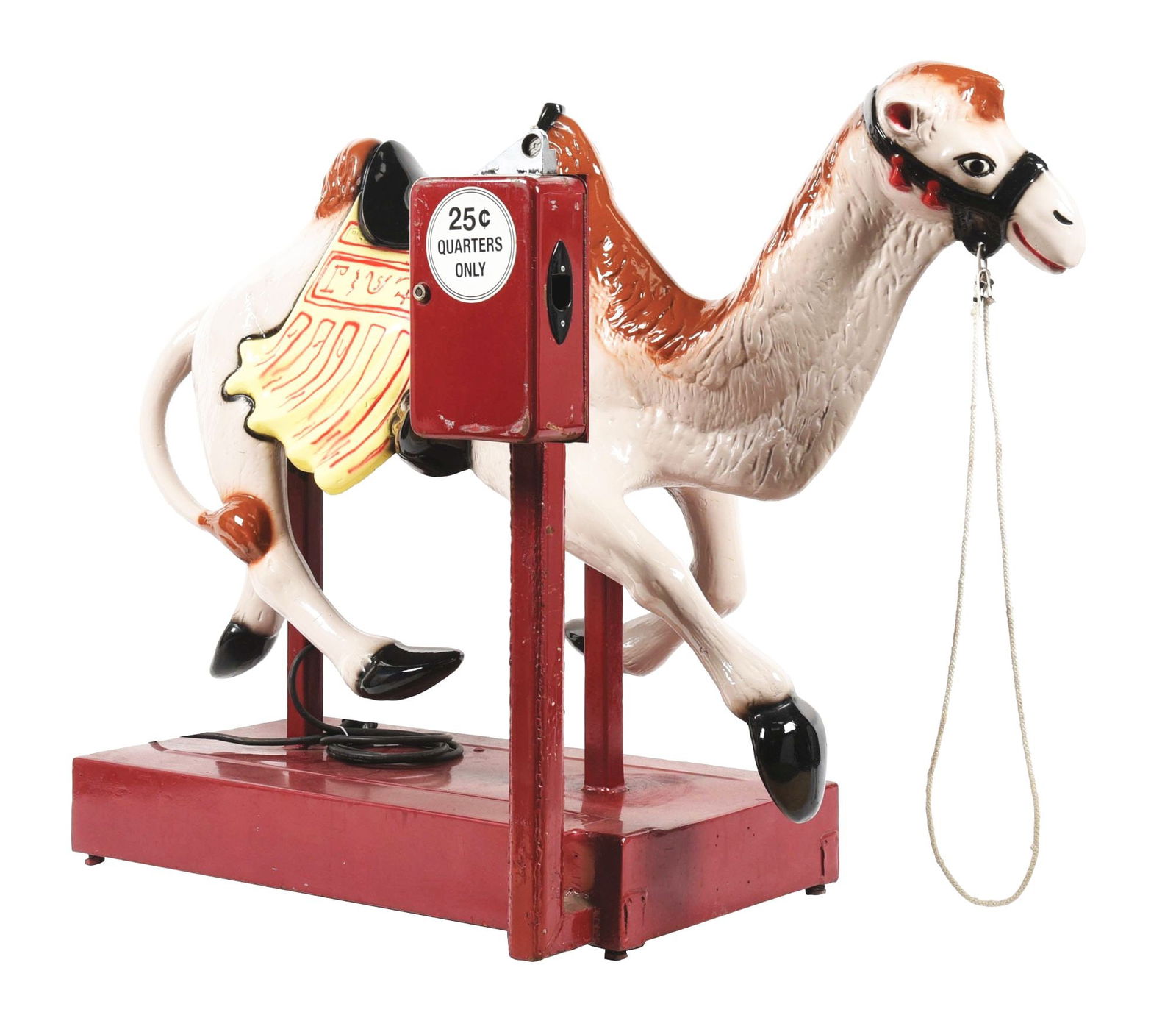 25¢ CAMEL KIDDIE RIDE.: A nicely restored kiddie ride in the form of a camel with a 25¢ operation. CONDITION: Shows an older restoration with new spray gun paint. 25¢ operation is currently working. This is not a s