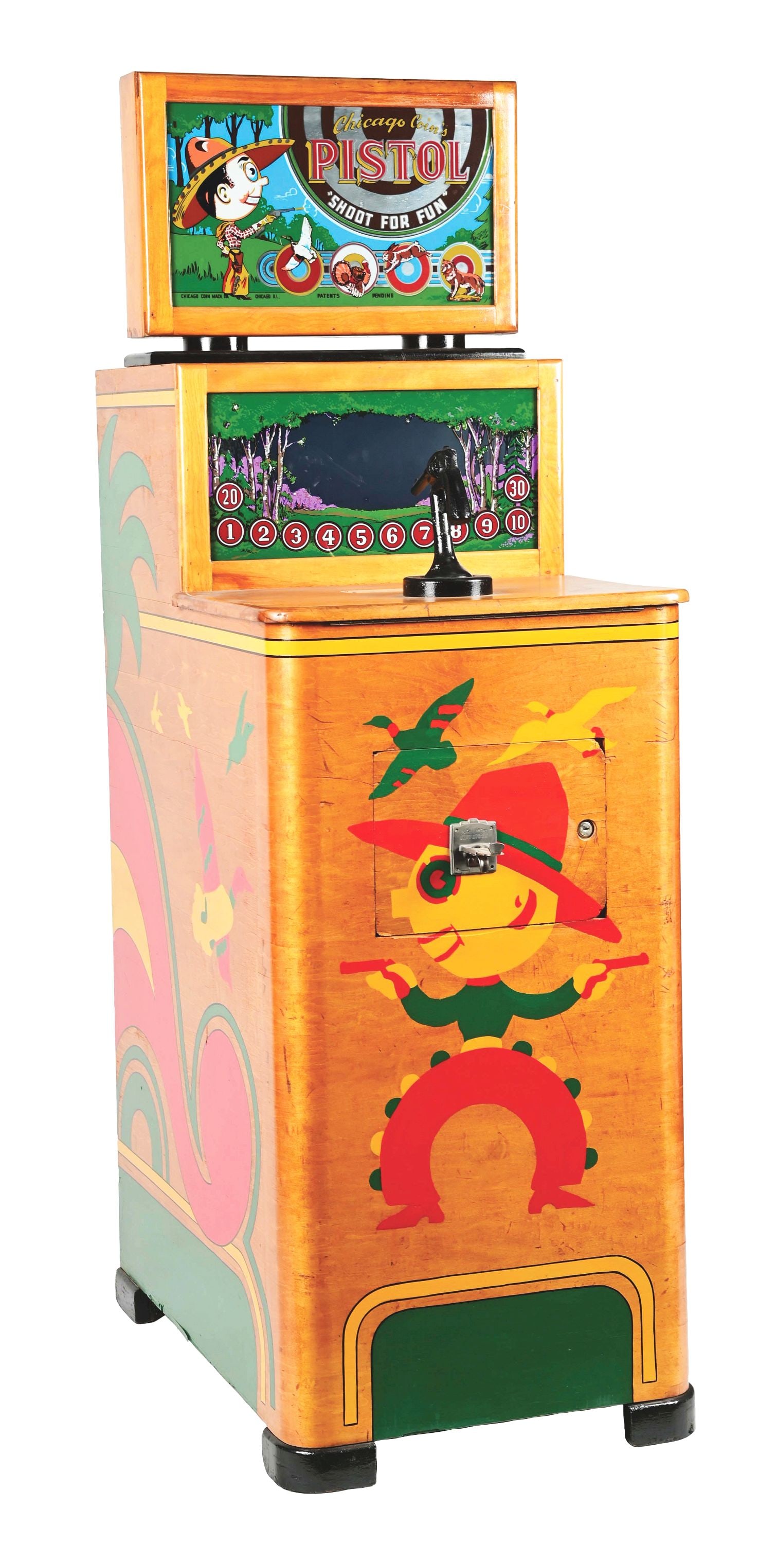 5¢ CHICAGO COIN'S PISTOL ARCADE MACHINE.: C. 1947. Chicago Coin Machine company, Chicago IL. This shooting gallery arcade game was manufactured in 1947 by Chicago Coin and is also known as Pistol Champ. It features a "bubble head" cabinet wit