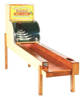 ROLL-A-BALL ARCADE GAME.: C. 1930s-1940s. Skee ball-type game with additional feature of bonus points. This is a 10 - 1/2' version the much rarer version of this exciting game. These came in lengths of 7', 12 - 1/2', and 14'.