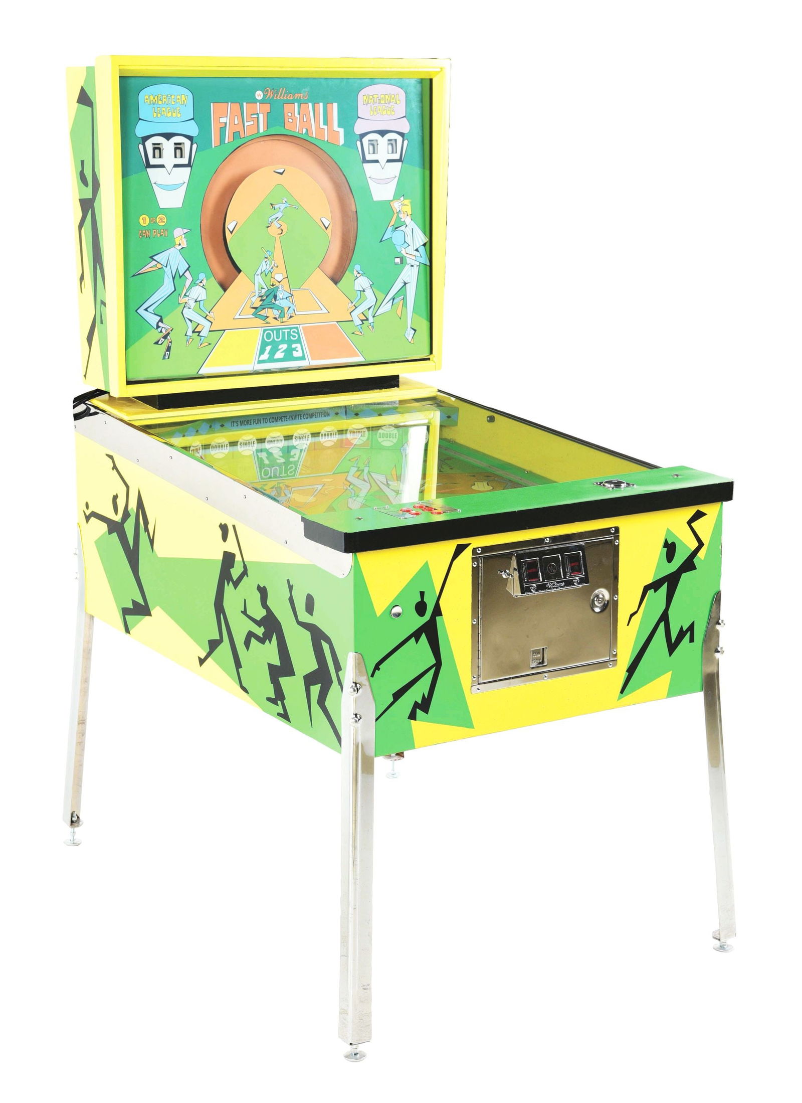 25¢ WILLIAMS FAST BALL ARCADE GAME.: C. 1969. 2-player baseball themed pitch and bat arcade pinball from Williams manufacturing. Notable features include; pop-up players, back glass animation, and 99 maximum runs per player. CONDITION: T