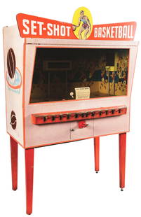 10¢ RICHMAN CORP. "SET-SHOT" BASKETBALL ARCADE GAME.: C. 1952. Richman Corp. sold by Mike Munves. Set-Shot requires two players and each player is provided a set of levers, marked yellow for one team and red for the other team. After a ball falls onto an