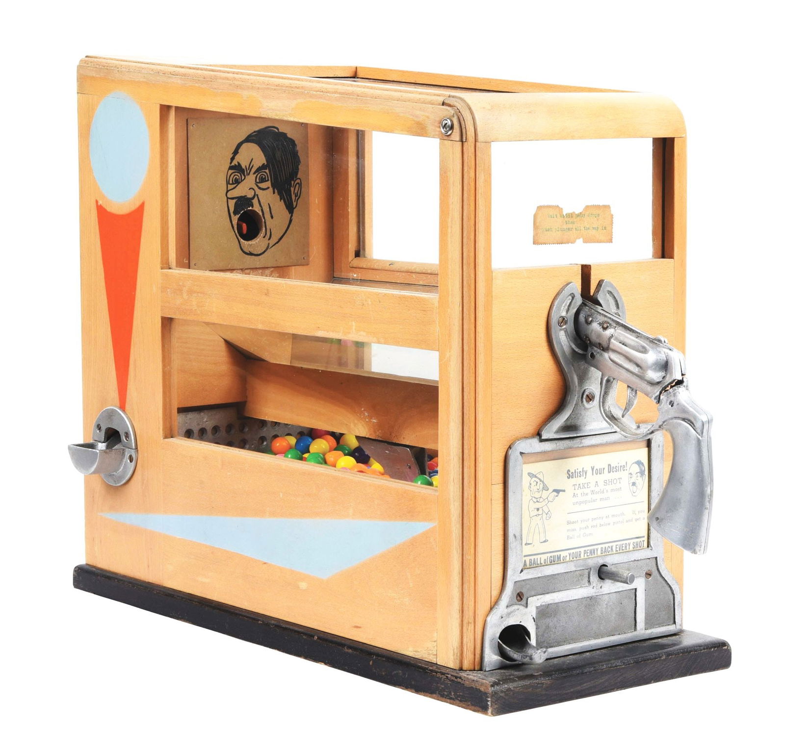 1¢ PAUL BENNET & CO. HITLER GUM TARGET SKILL GAME.: C. 1940s, The Paul Bennet Co. This countertop arcade game allows the user a chance to shoot Hitler in the mouth. The user inserts a penny into the pistol, aims for Hitler's mouth, and shoots. The coin