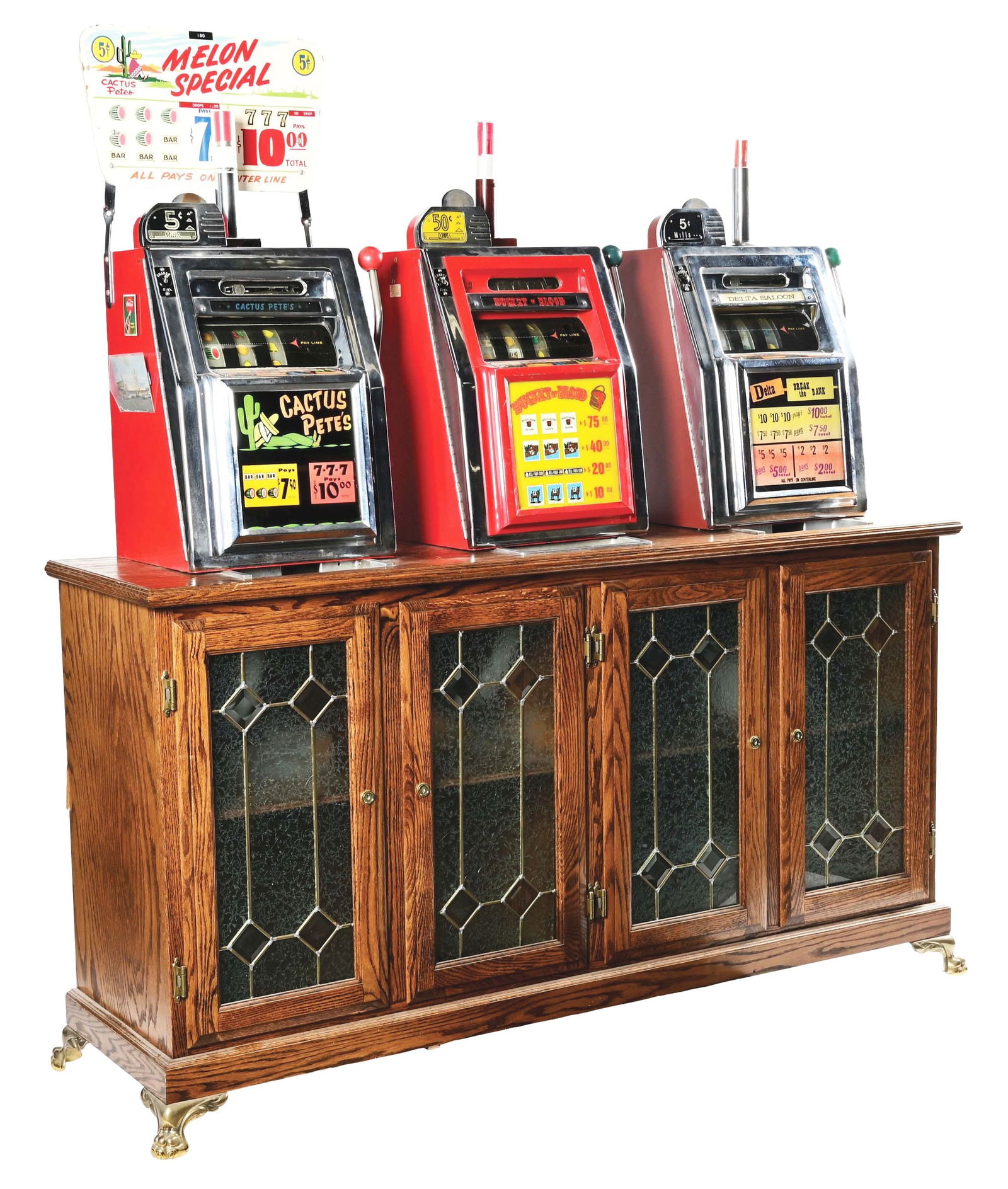 LOT OF 4: CUSTOM TRIPLE CONSOLE OF MILLS FRONT LOAD SLOT MACHINE WITH CASINO BRANDING. (1 of 9)