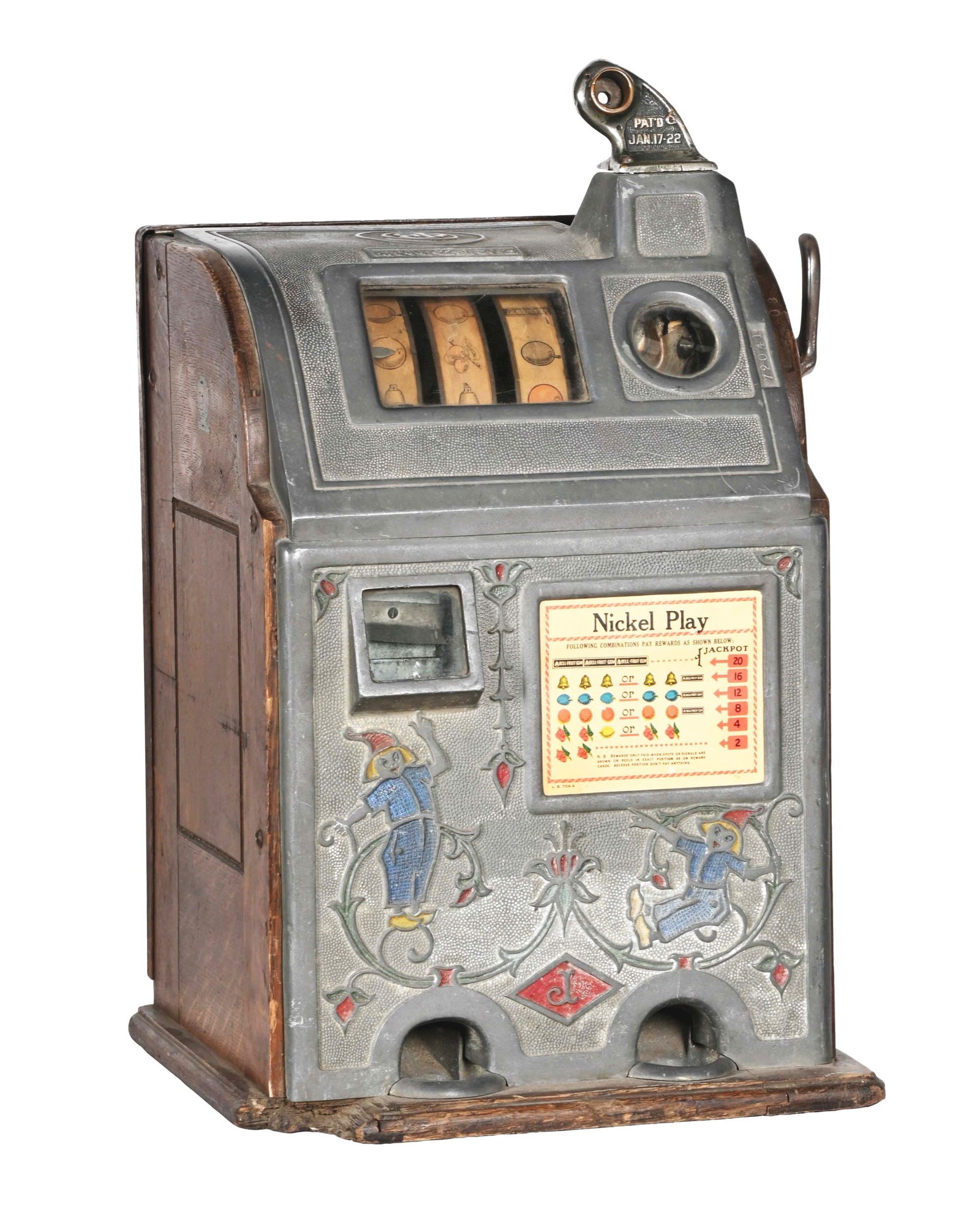 5¢ O.D. JENNINGS DUTCH BOY JACKPOT BELL SLOT MACHINE.: C. 1930, O.D. Jennings Co., Chicago, IL. This is an original Jennings nickel "Dutch Boy" slot in as-found condition. CONDITION: All original components, in oxidized finish. Missing the coin entry skir