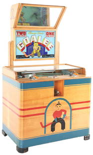 10¢ CHICAGO COIN "GOALIE" HOCKEY ARCADE GAME.: C. 1954, The Chicago Coin Machine Co., Chicago, IL. One nickel for single play, two for two players. Turning the stylized handles controls the goalie figure. It is in restored condition with some ligh