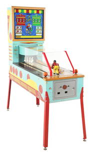 10¢/25¢ WILLIAMS TEN STRIKE 2-PLAYER ARCADE GAME.: C. 1958. Classic 2-player mannequin bowling-themed arcade machine from Williams Manufacturing. The left knob allows the patron to aim the arm of the mannequin while the right knob pushes the bowling b
