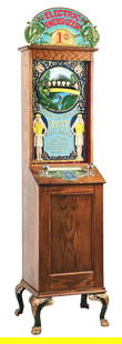 1¢ EXHIBIT SUPPLY CO. "SPEAR THE DRAGON" ELECTRIC ENERGIZER SHOCKER ARCADE GAME.: C. 1926. Exhibit Supply Company, Chicago IL. Slender oak cabinet with beautifully detailed castings. This electrifying game will test players nerves. Players deposit their coin into the slot and grasp