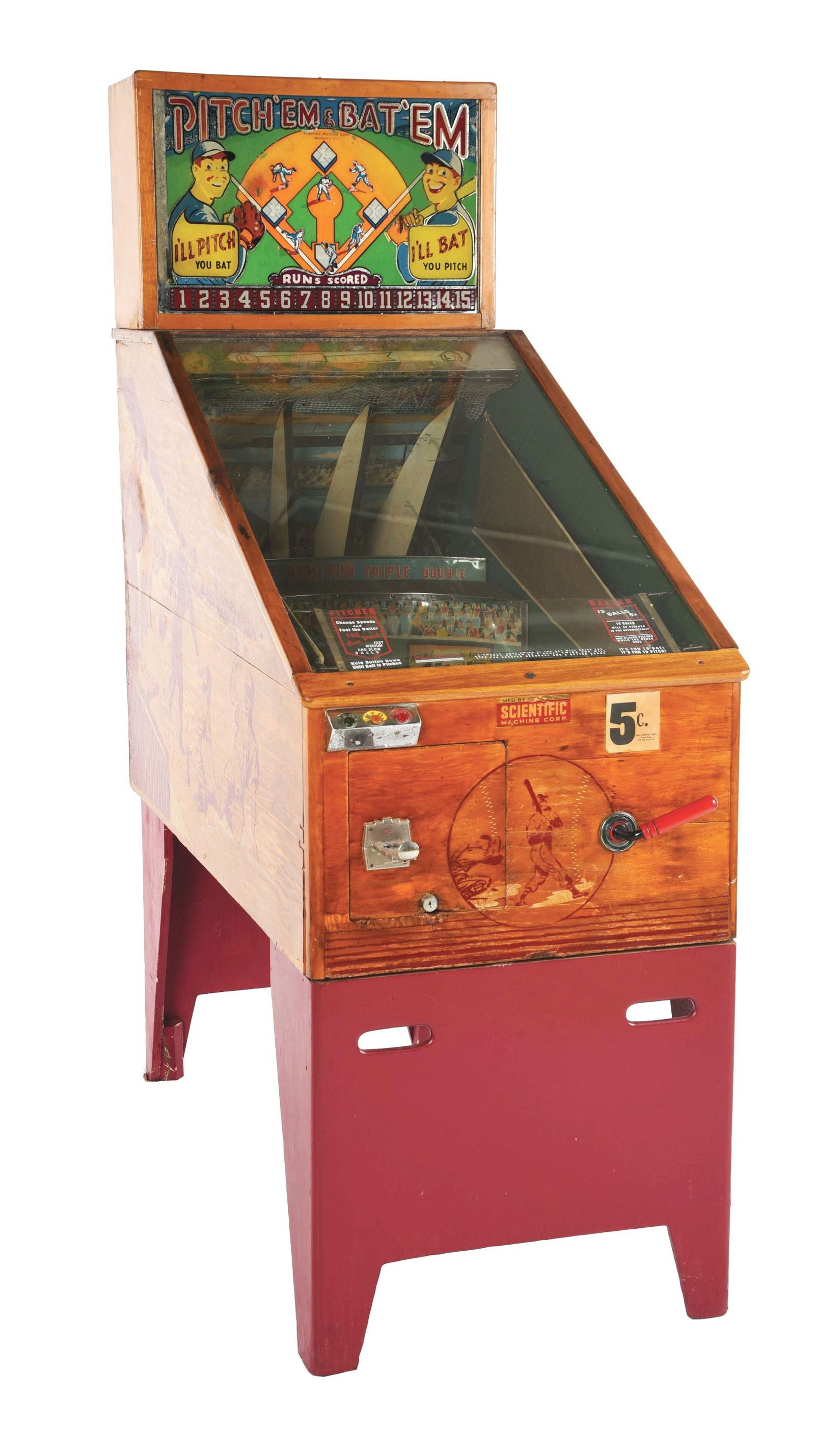 5¢ SCIENTIFIC MACHINE CORP. PITCH' EM & BAT' EM BASEBALL ARCADE MACHINE. (1 of 6)