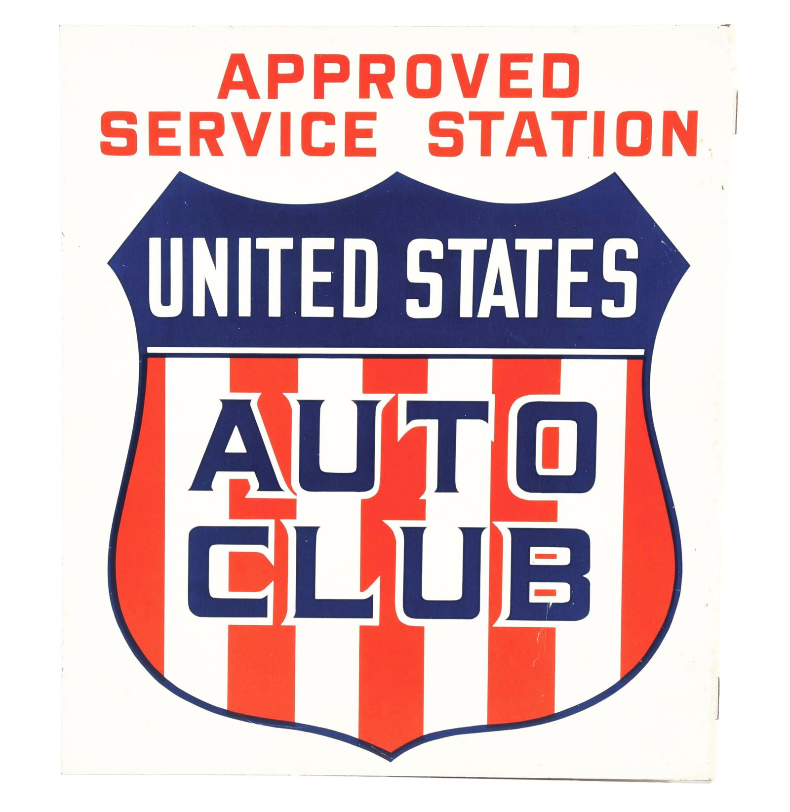 UNITD STATES AUTO CLUB APPROVED SERVICE STATION PAINTED METAL FLANGE SIGN W/ SHIELD GRAPHIC. (1 of 2)