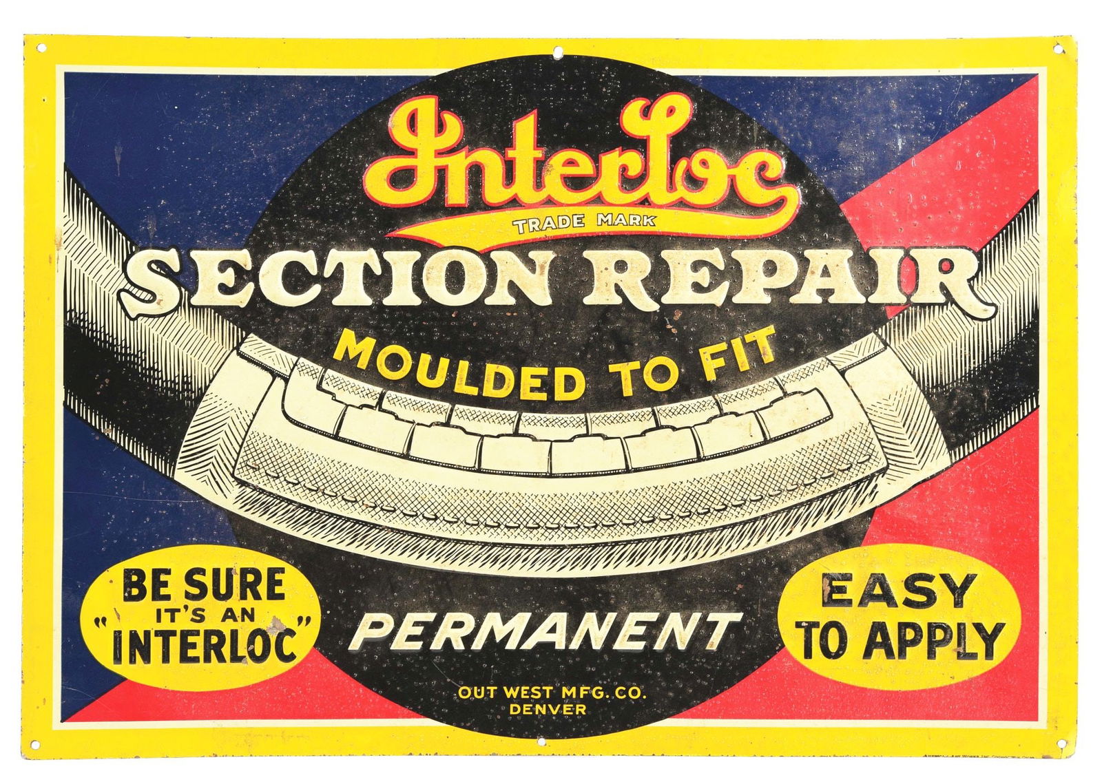 INTERLOC SECTION REPAIR EMBOSSED TIN SIGN W/ TIRE GRAPHIC. (1 of 3)
