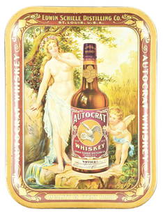 AUTOCRAT WHISKEY TIN LITHOGRAPHED SERVING TRAY.: SST. Maker mark "Chas. W. Shonk." CONDITION: Tray has excellent color remaining. The tray does have one scratch through the paint, which has been touched-up with match paint at the hand and tree of th