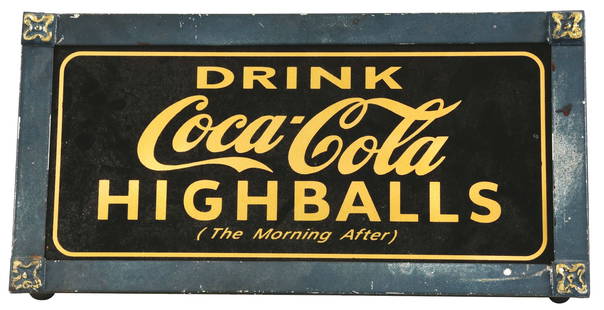 COCA-COLA HIGH BALLS LIGHT-UP SIGN.: A nice example of this Coca-Cola sign with good subject matter and color. CONDITION: Glass Coca-Cola insert shows little wear, and displays nicely. Can is original and old displaying well. In total, t