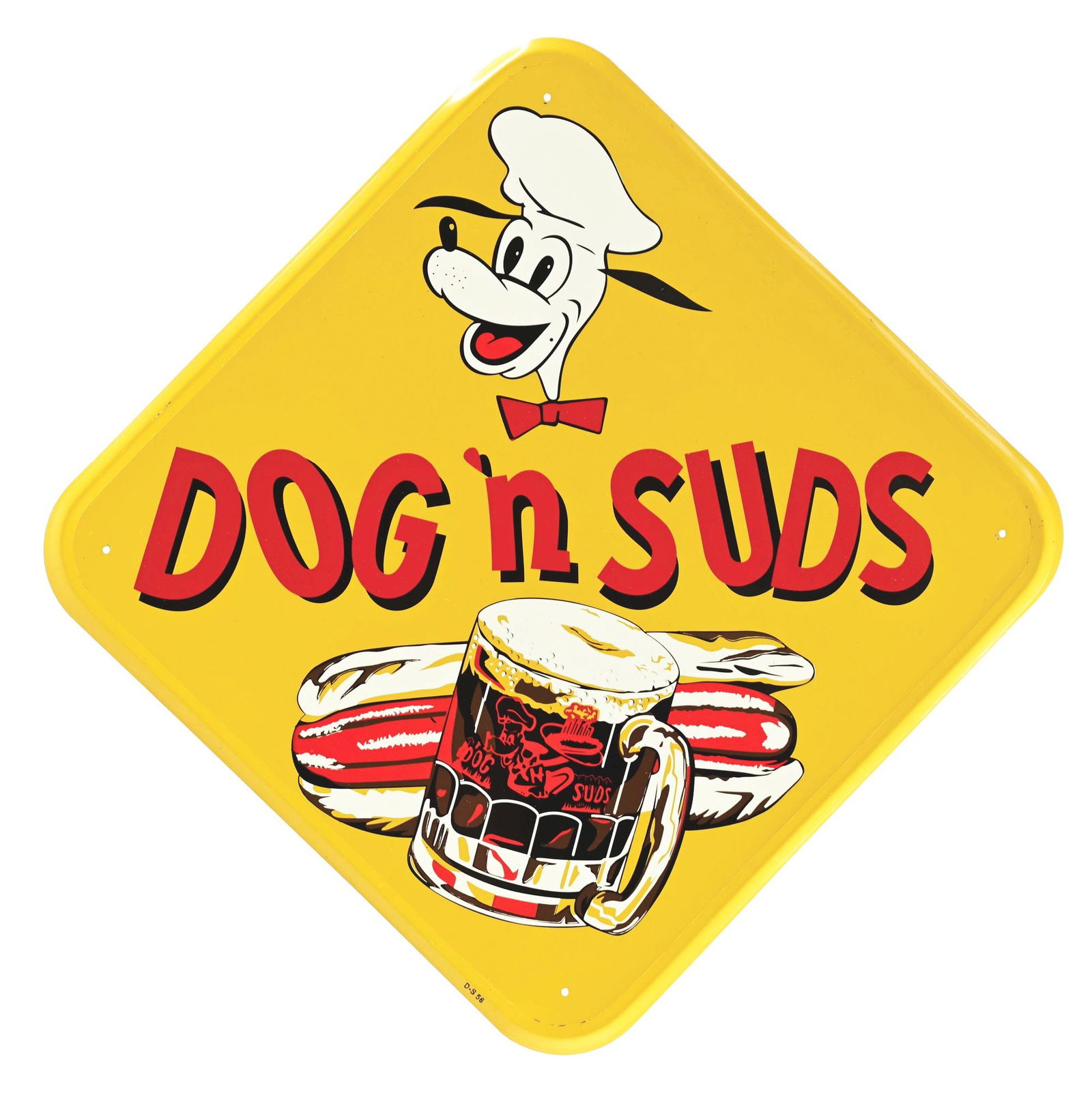 DOG 'N SUDS ROOT BEER SIGN W/ DOG AND HOTDOG GRAPHIC. (1 of 3)
