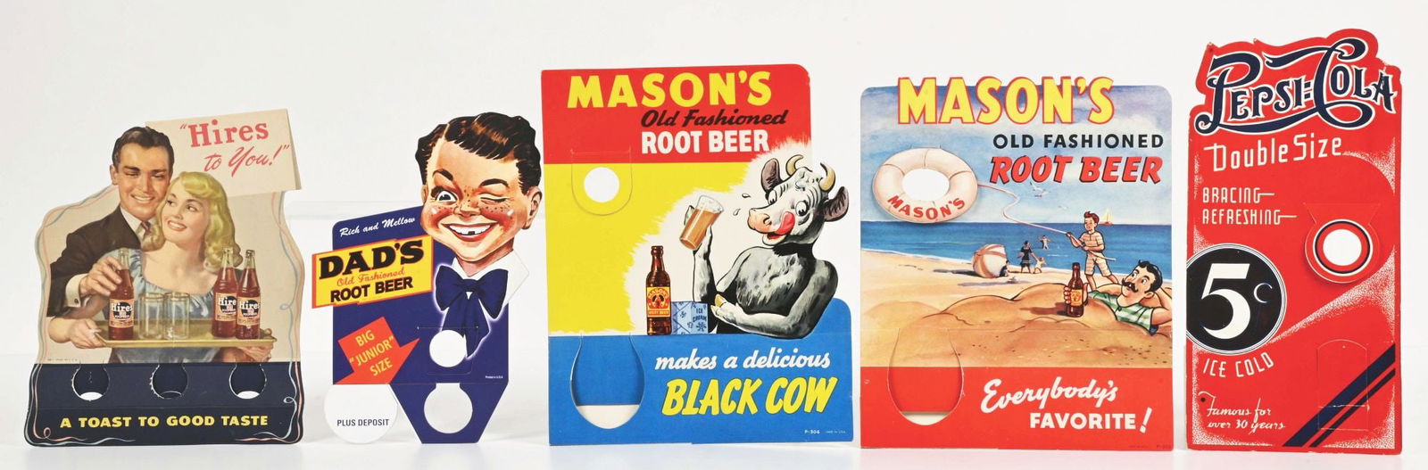 COLLECTION OF 5 SODA BOTTLE TOPPERS.: C. 1950. SS cardstock. A collection of 5 very graphic bottle toppers. CONDITION: (A) Mason's Old Fashioned Root Beer, showing a cow drinking from the Mason bottle. (9.0). (B) Mason's Old Fashioned Roo