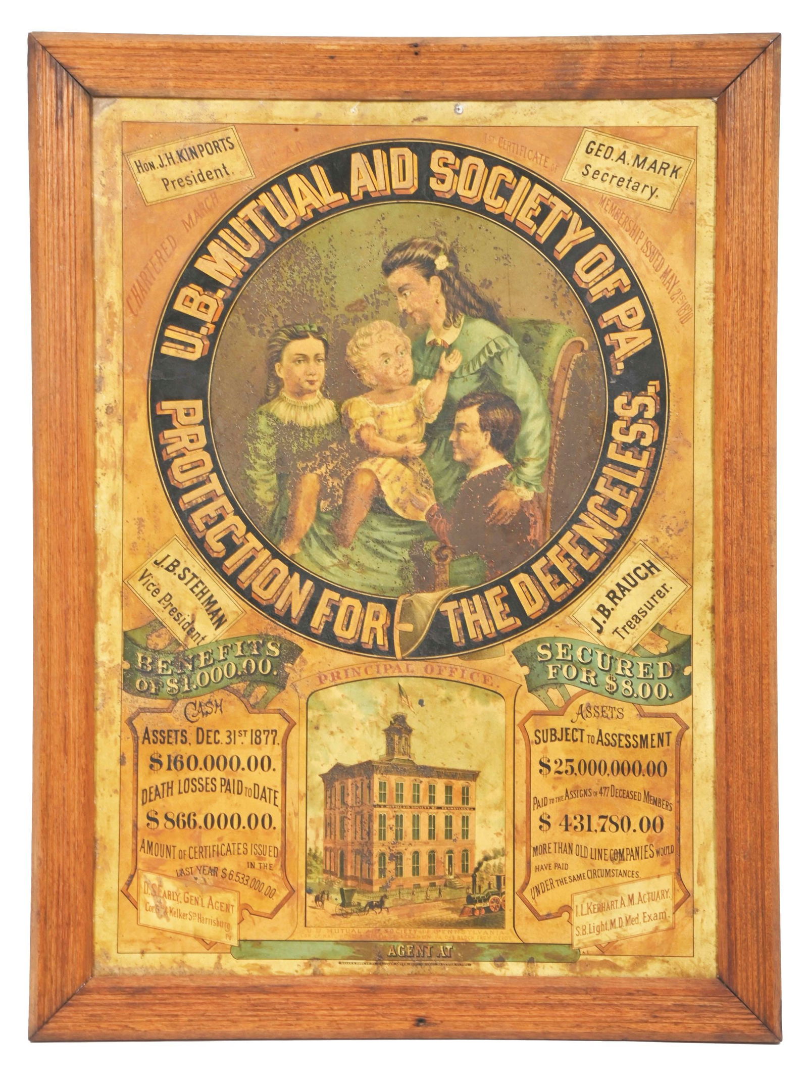 TIN U.B. MUTUAL AID SOCIETY OF PA. INSURANCE SIGN W/ CUSTOM FRAME. (1 of 3)