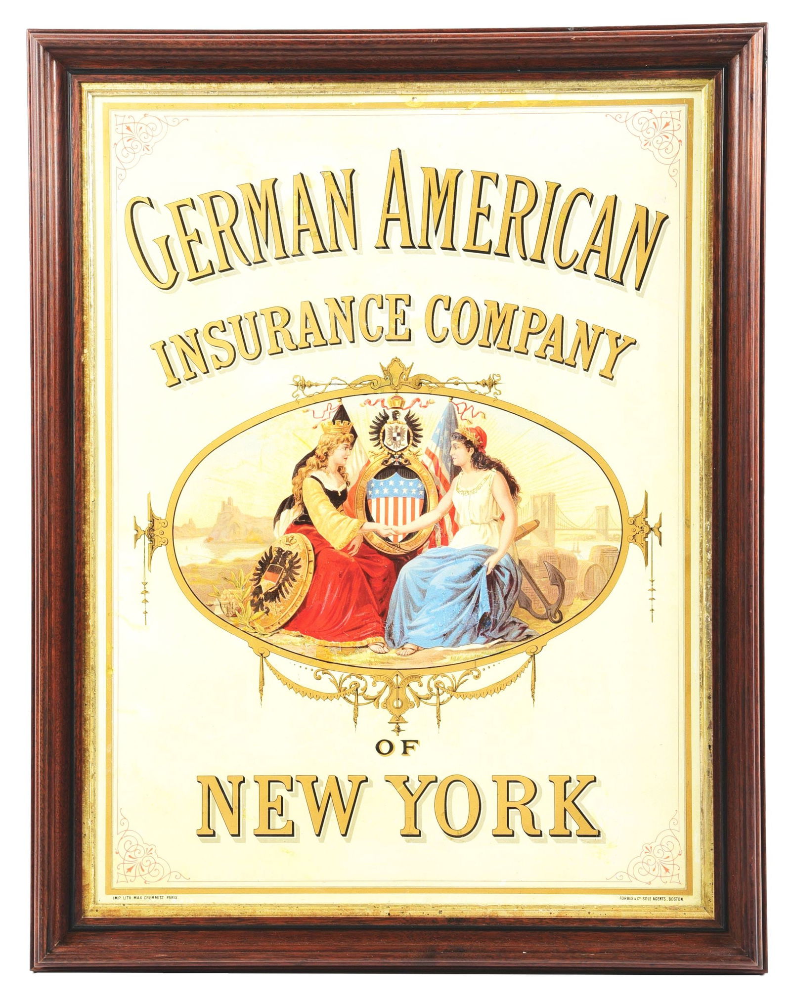 TIN "GERMAN AMERICAN INSURANCE COMPANY" SIGN W/ WOMEN AND FLAG GRAPHIC. (1 of 4)