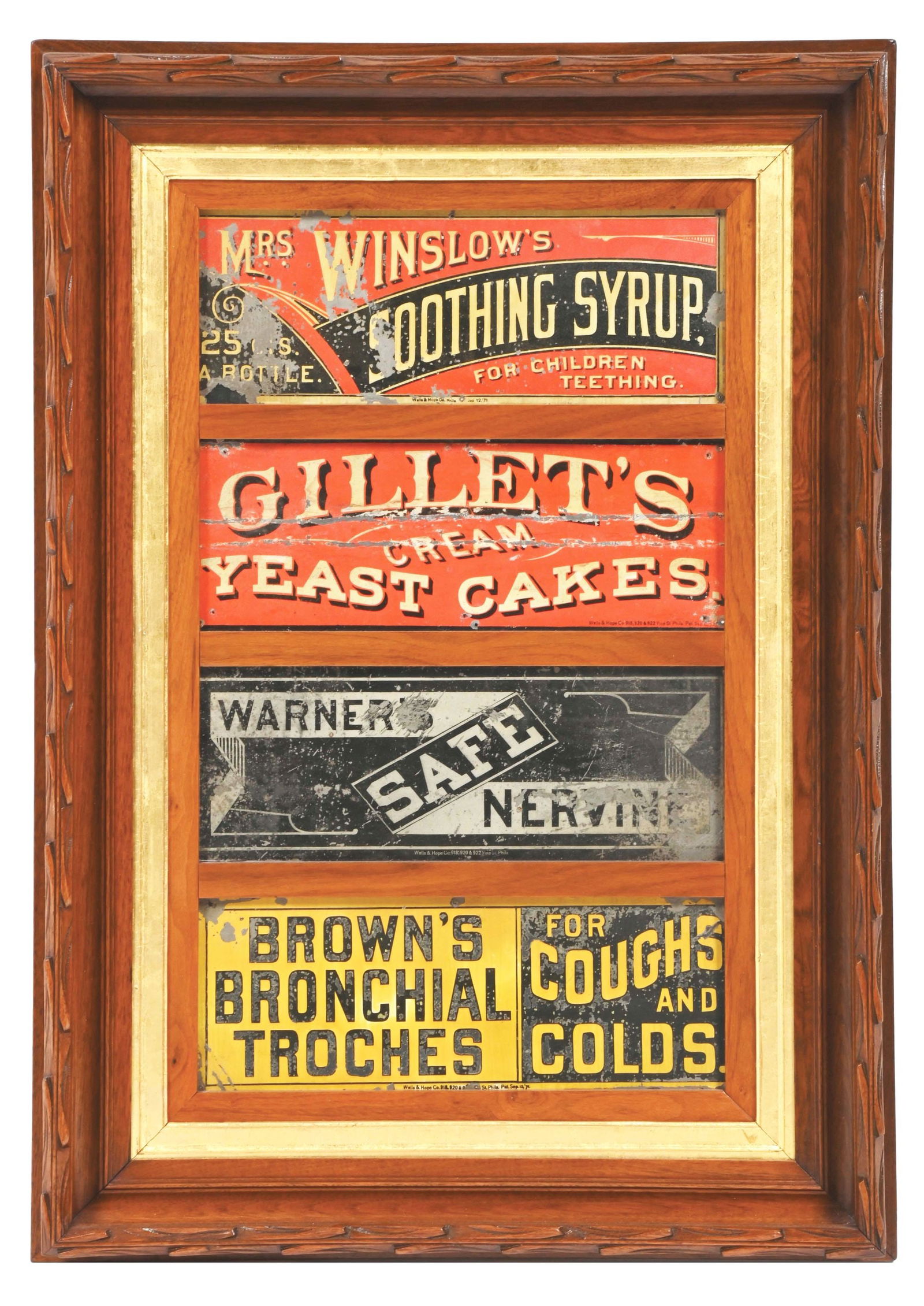 COLLECTION OF 4 TIN ADVERTISING SIGNS W/ CUSTOM FRAME. (1 of 2)