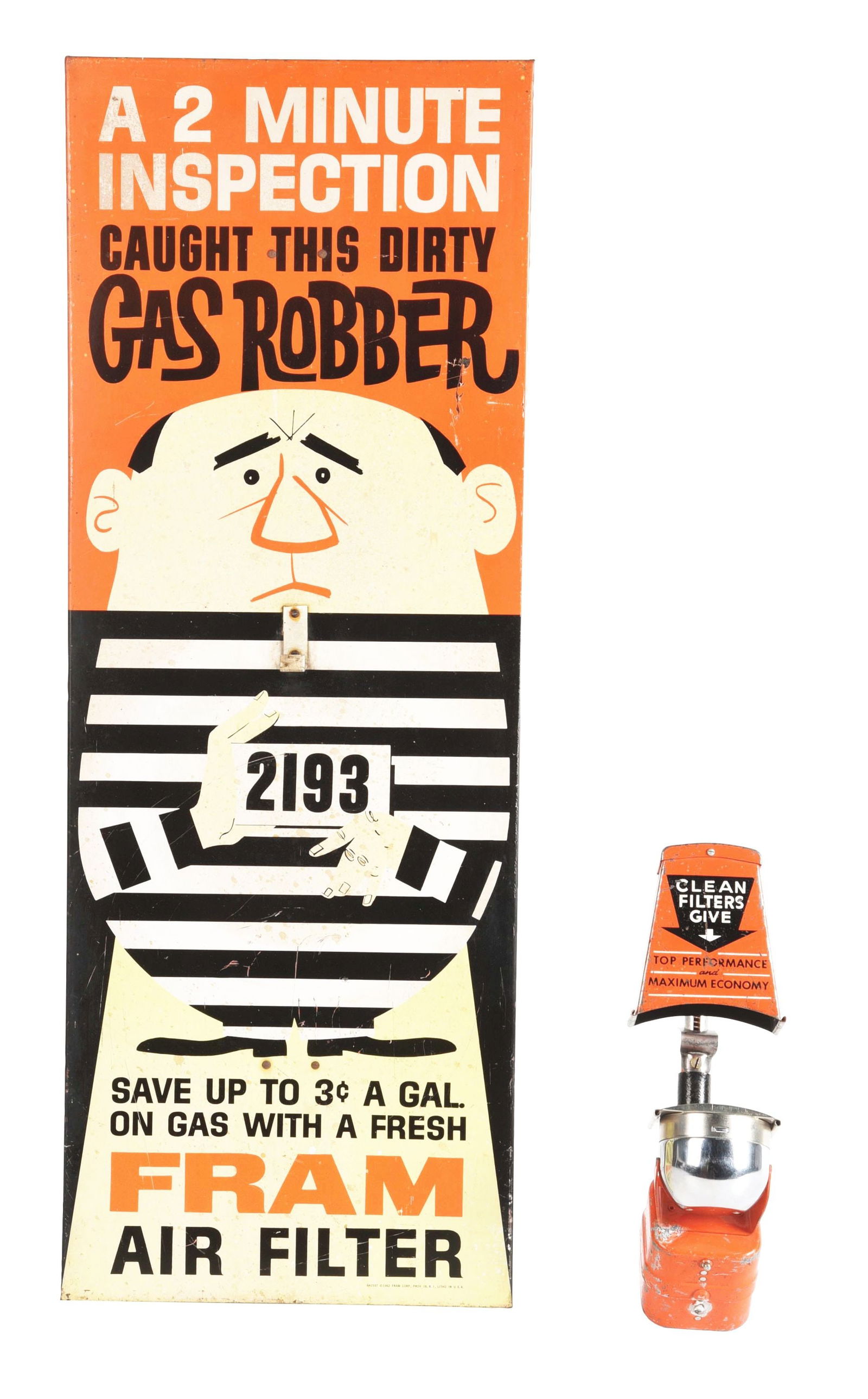 FRAM OIL FILTER PAINTED METAL DISPLAY W/ GAS ROBBER GRAPHIC. (1 of 2)
