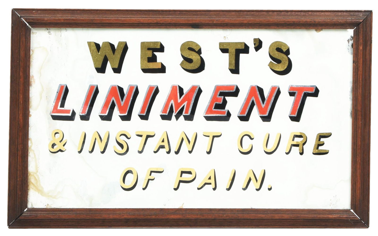 WEST'S LINIMENT & INSTANT CURE OF PAIN REVERSE PAINTED GLASS SIGN. (1 of 2)