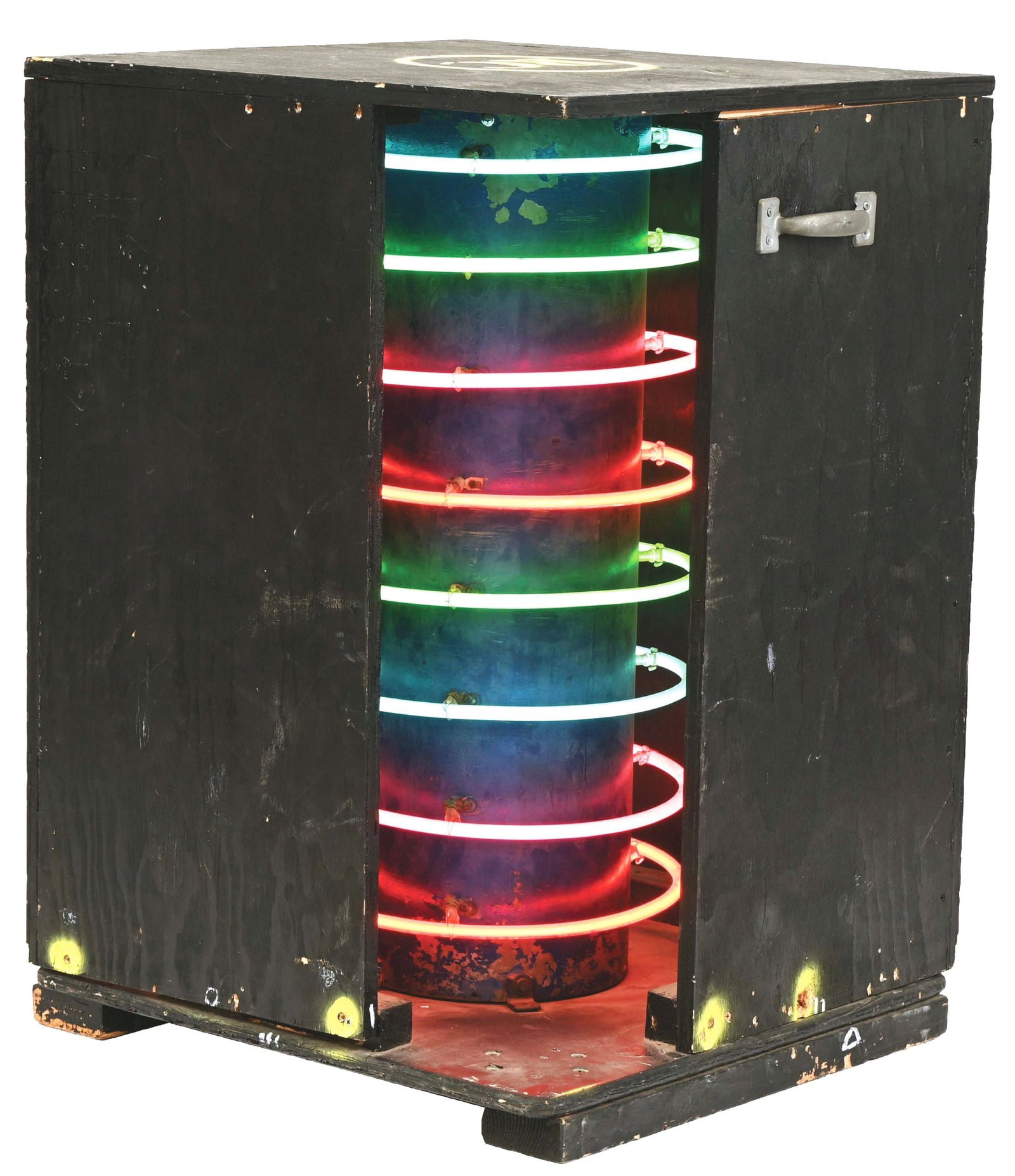 VERY UNIQUE FLASHING NEON DISPLAY W/ "RC" LABELED CRATE.: Very rare and unique metal circle with flashing neon tube circling. Piece displays red, pink, white and green neon. CONDITION: It is in excellent working condition, with a newly-added cord. This is no
