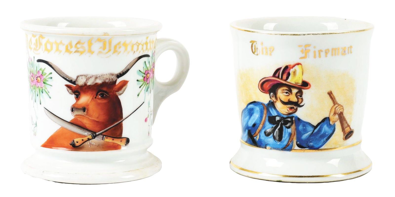 A PAIR OF VINTAGE OCCUPATIONAL SHAVING MUGS. (1 of 4)