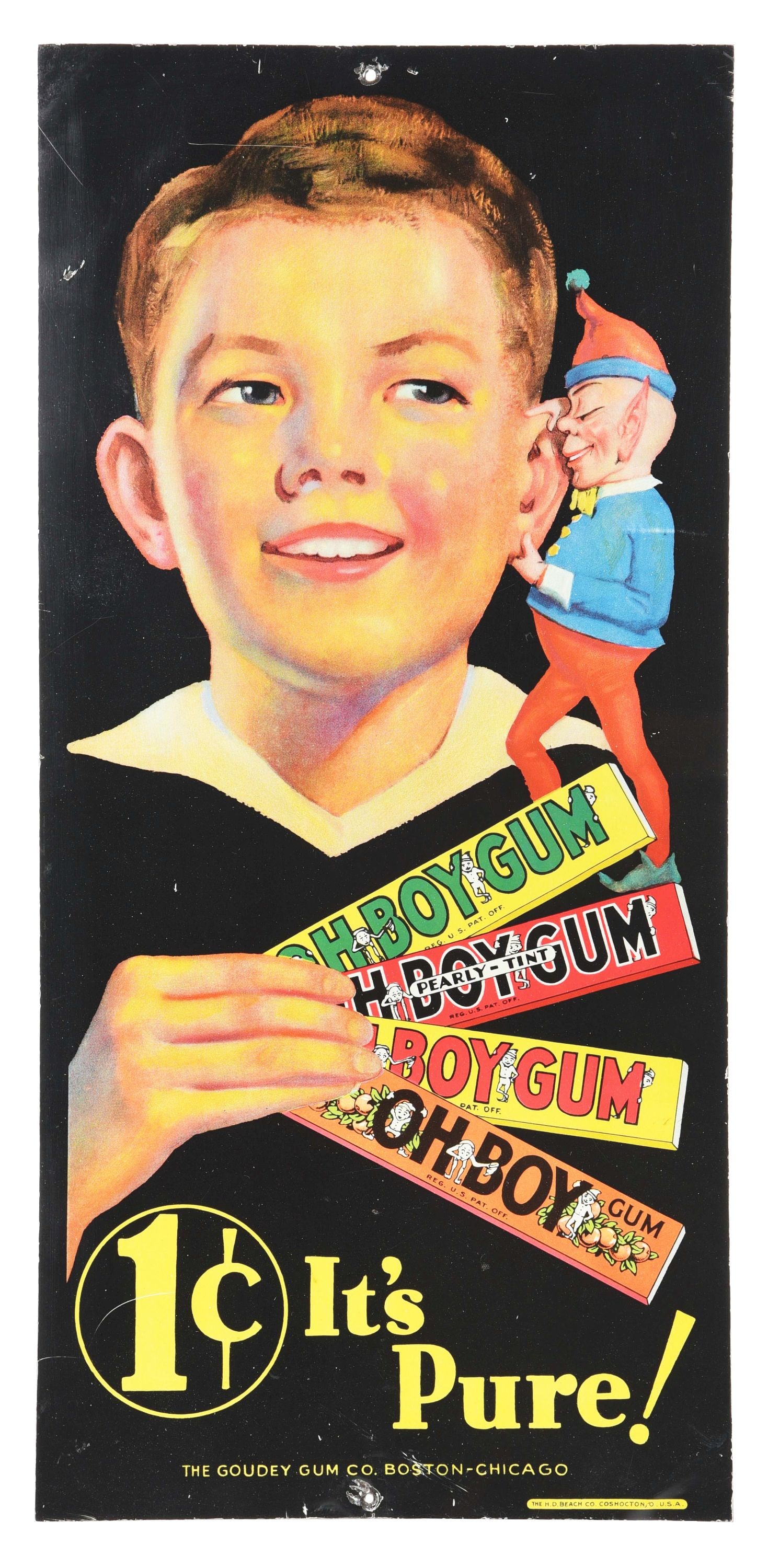 OH BOY! CHEWING GUM TIN SIGN W/ BOY AND ELF GRAPHIC. (1 of 3)