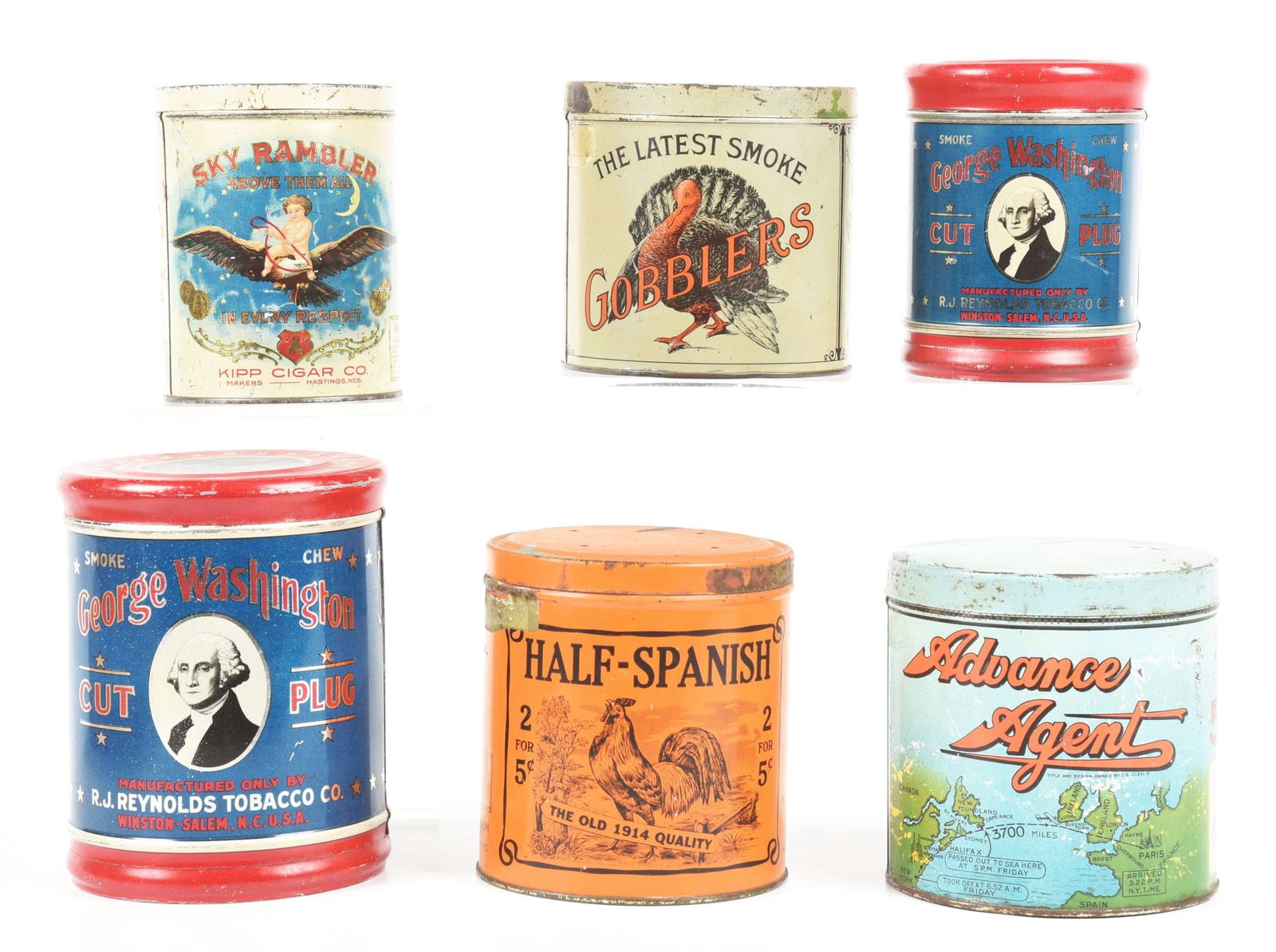 COLLECTION OF 6: TIN TOBACCO CANISTERS. (1 of 4)