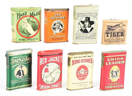 COLLECTION OF 8: TOBACCO TINS.: A collection of eight early tobacco pocket tins with excellent lithograph graphics. CONDITION: All eight tins have good color and shine throughout, with areas of surface staining and scratches with pa