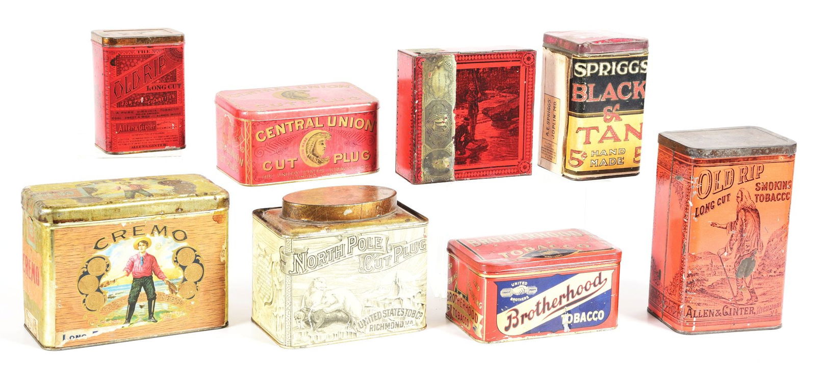 COLLECTION OF 8: EARLY TIN TOBACCO CONTAINERS. (1 of 2)