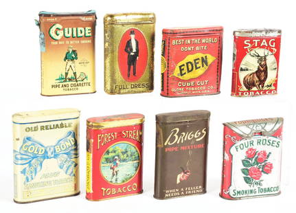 COLLECTION OF 8: EARLY TOBACCO TINS.: A collection of eight early tobacco tins with excellent lithographed graphics and strong colors. CONDITION: Tins all have good color throughout, with minor denting and surface scratching. All eight re