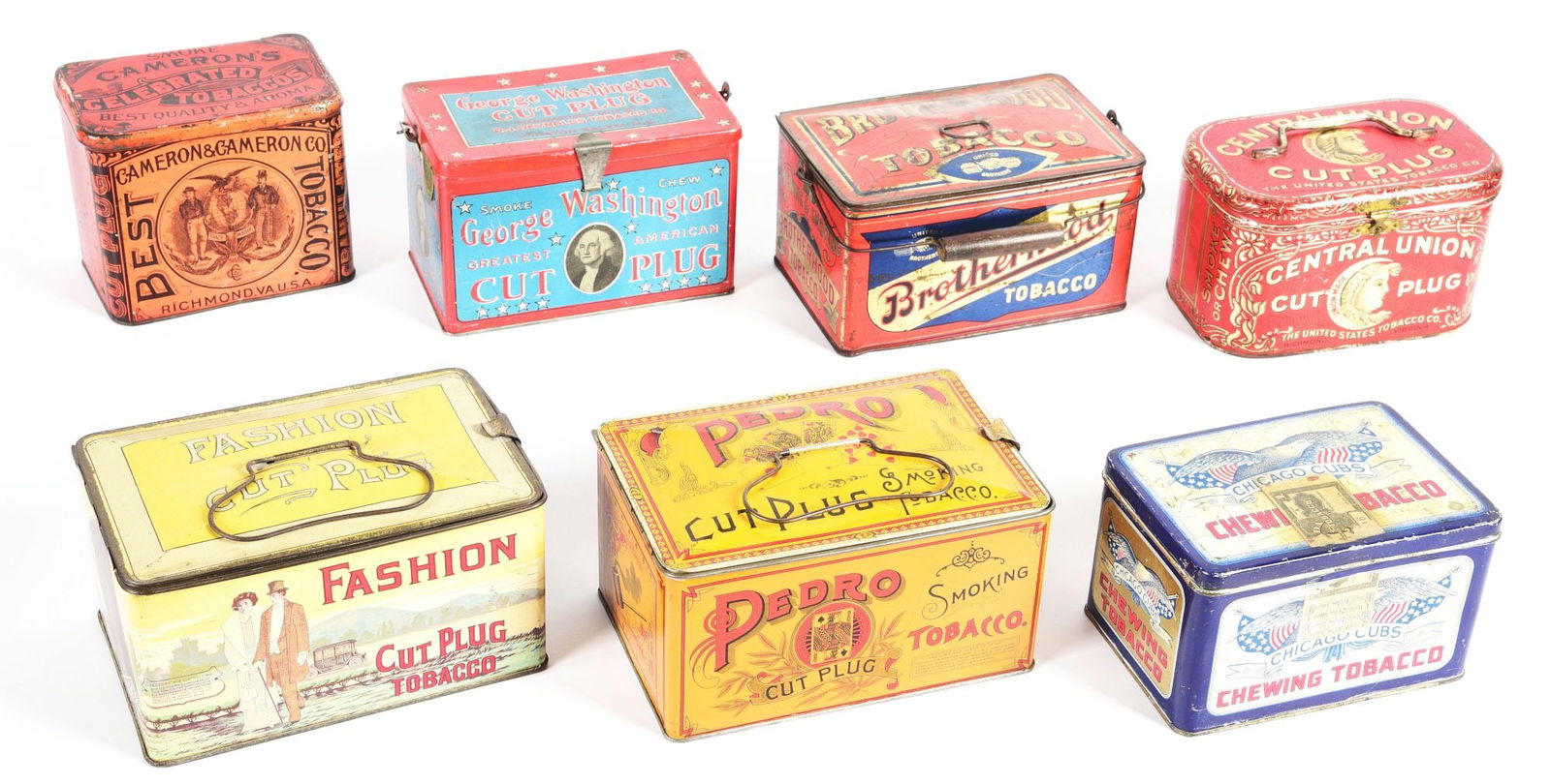 COLLECTION OF 7: LUNCHBOX TOBACCO TINS. (1 of 2)
