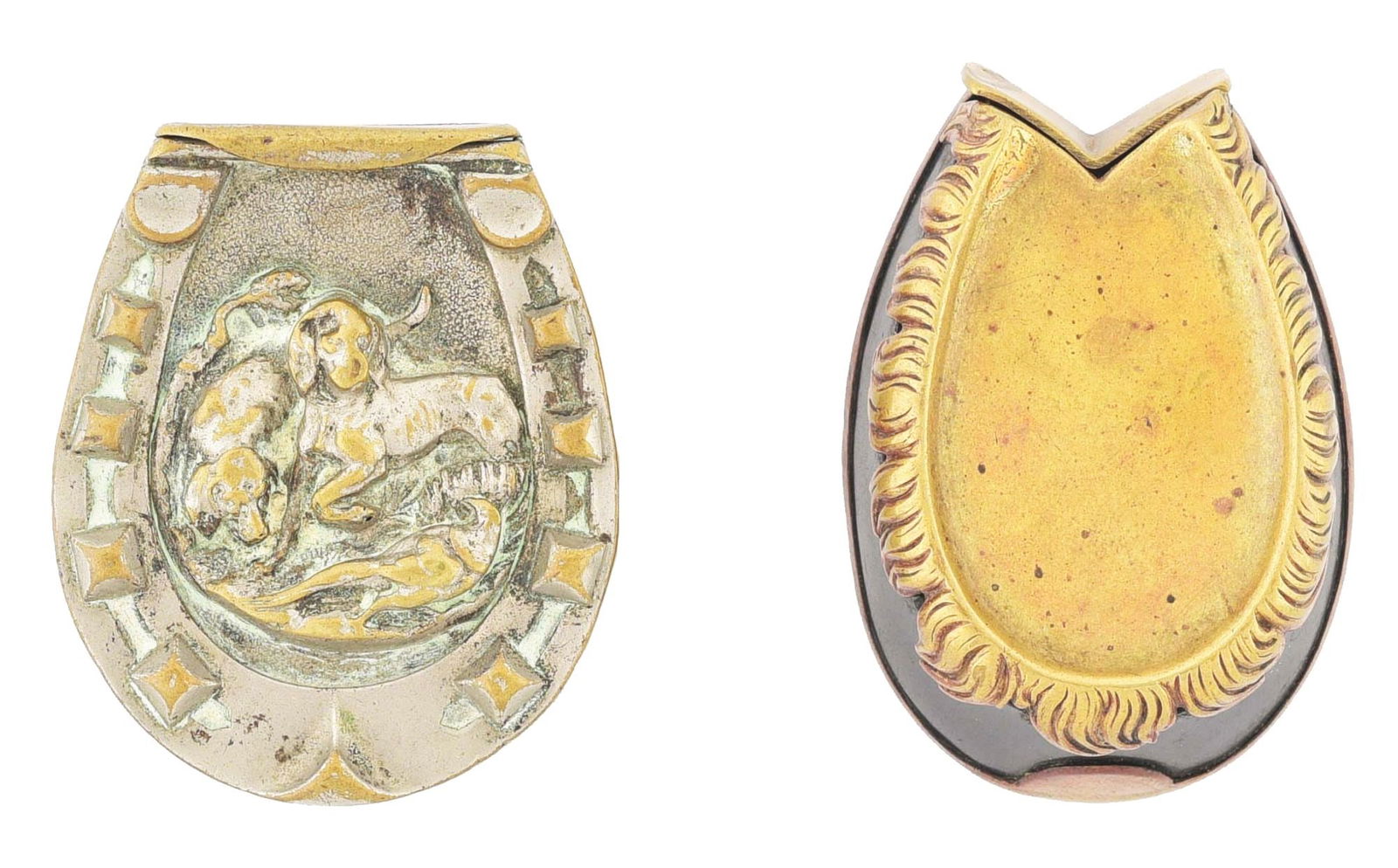 A PAIR OF HORSESHOE SHAPE MATCH SAFES. (1 of 2)