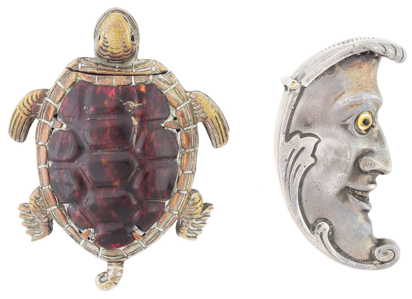 A PAIR OF MATCH SAFES: FIGURAL MOON MAN & TURTLE. (1 of 2)