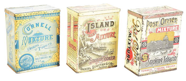 COLLECTION OF 3: EARLY TOBACCO TIN CONTAINERS.: A collection of three early tobacco tins with lithographed graphics and lettering. CONDITION: All three tins have excellent color and shine. The containers have minor areas of paint loss and staining.