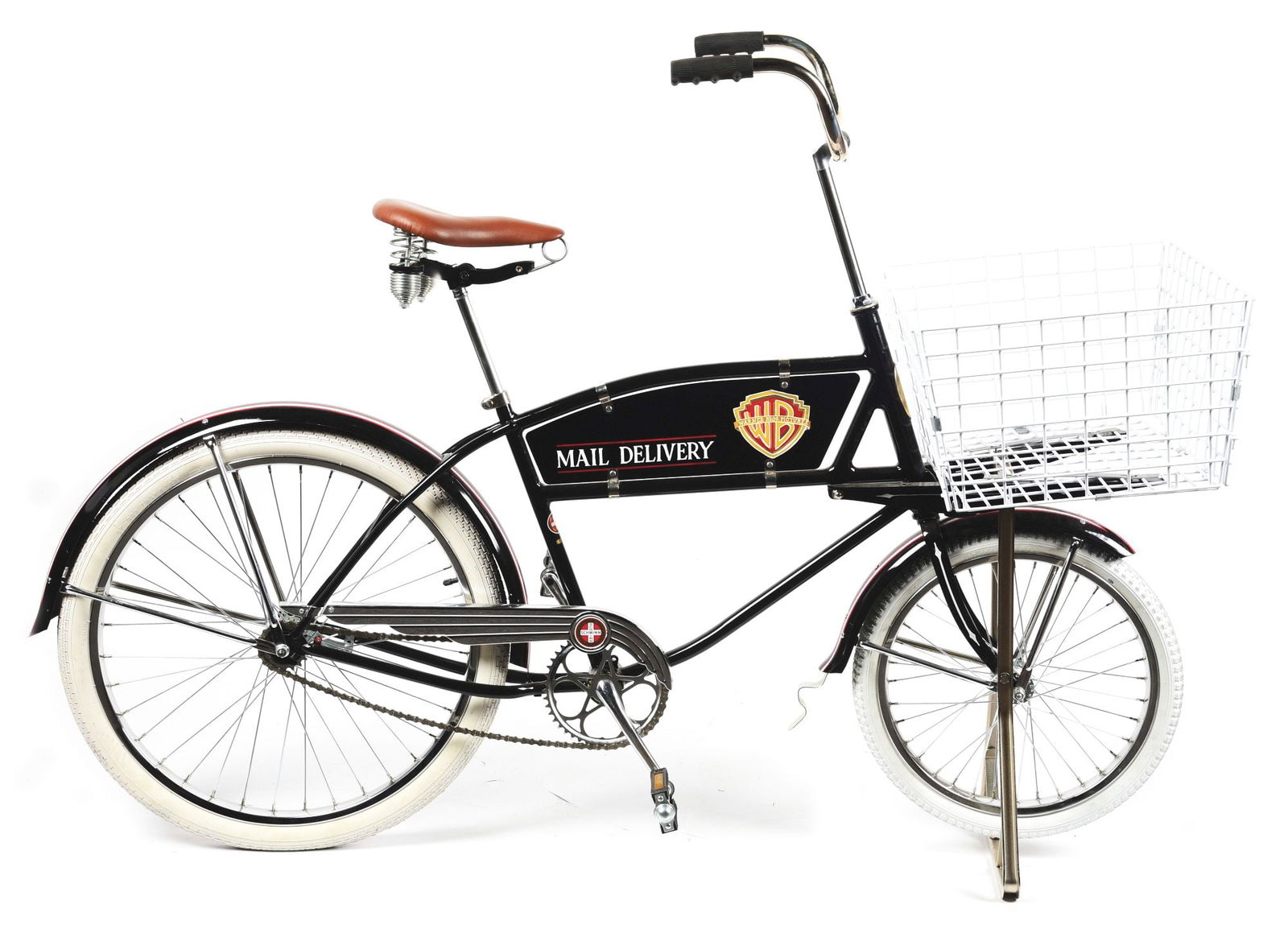 RESTORED SCHWINN BICYCLE MAIL DELIVERY.: Restored Schwinn cycle truck done in a Warner Bros. Studios motif. CONDITION: All new wheels, tires, plating and more. Hard to find one in any condition. This is not a standard shippable item and will