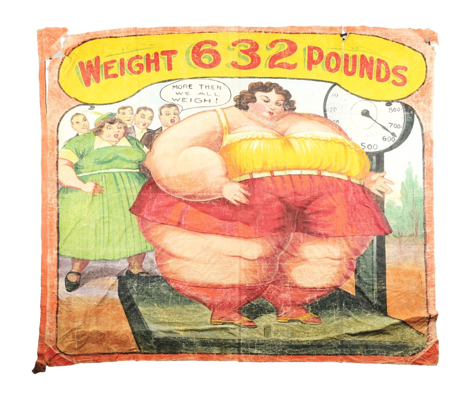 NICE DISPLAYING "600 POUND WOMAN" CANVAS CIRCUS BANNER W/ 632 LB. WOMAN GRAPHIC. (1 of 2)