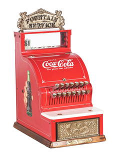 NATIONAL CASH REGISTER MODEL 711 RESTORED TO A COCA COLA MOTIF.: C. 1940, National Cash Register. A model 711 National Cash Register, restored in a Coca-Cola motif. CONDITION: Little signs of wear or use, in beautiful restored condition and ready for the game